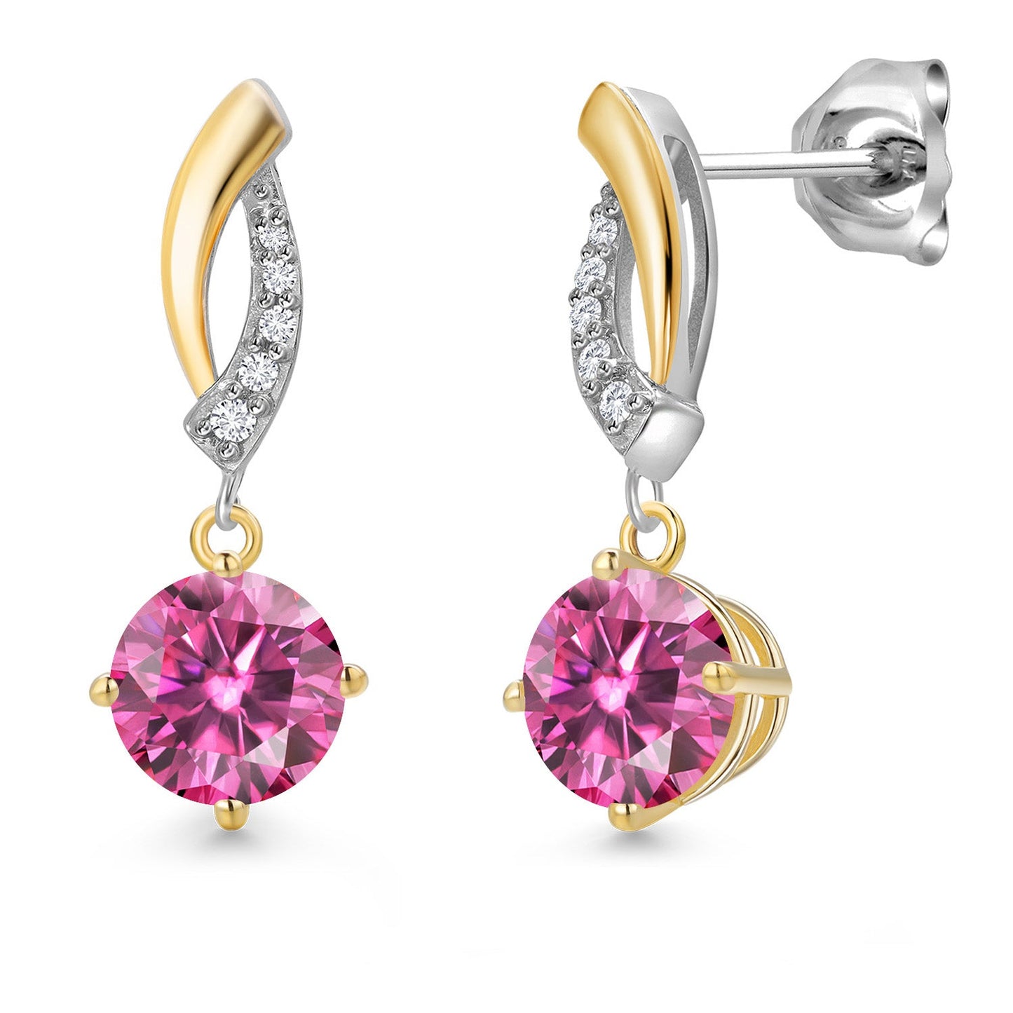 925 Silver and 10K Yellow Gold 6MM Round Gemstone Birthstone and White Lab Grown 
Diamond Dangle Earrings for Women