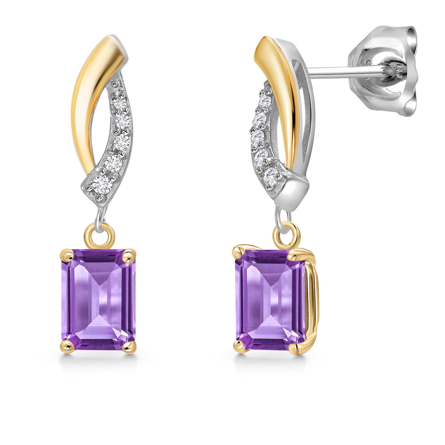 925 Silver and 10K Yellow Gold 6X4MM Emerald Cut Gemstone Birthstone and White Lab Grown Diamond Dangle Earrings for Women