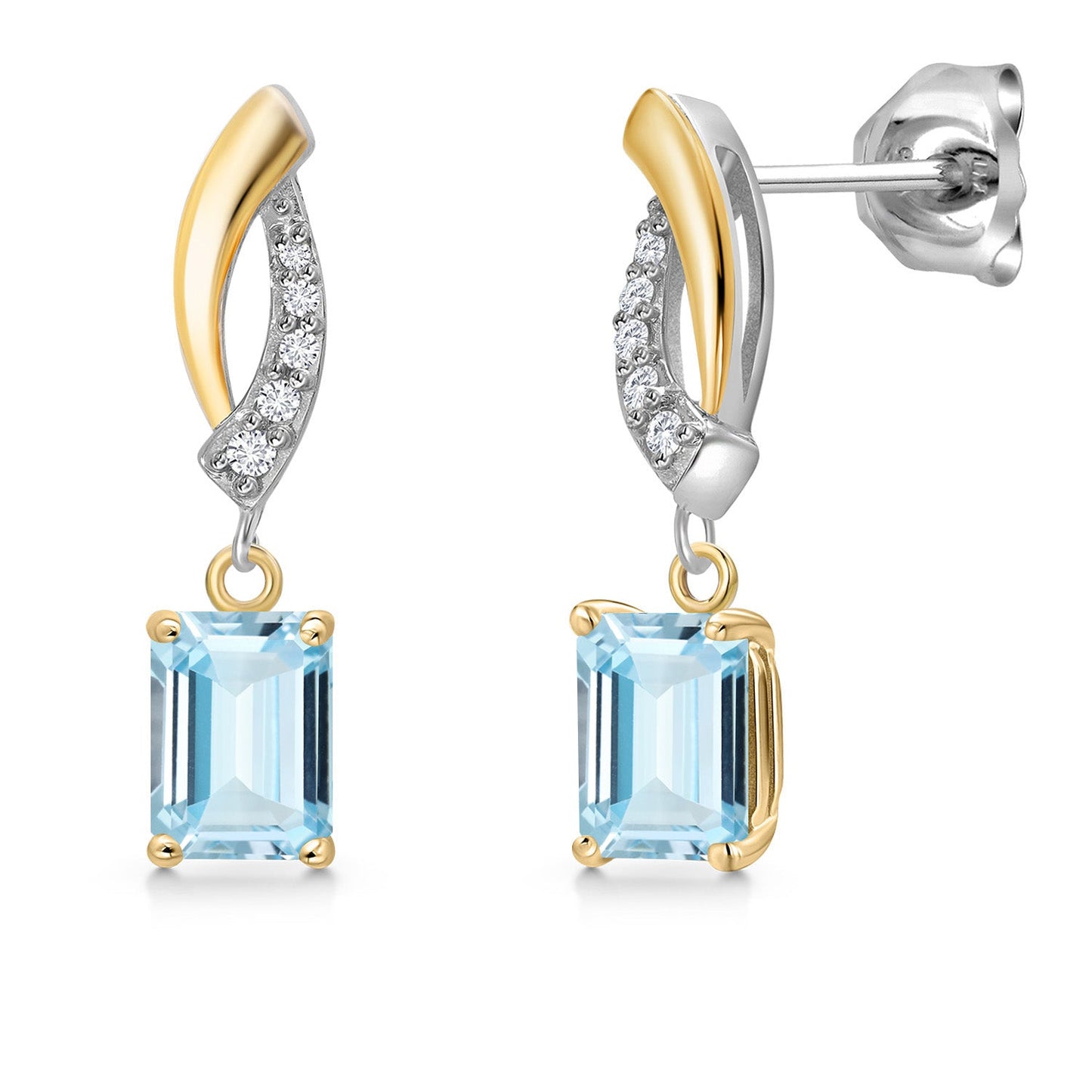 925 Silver and 10K Yellow Gold 6X4MM Emerald Cut Gemstone Birthstone and White Lab Grown Diamond Dangle Earrings for Women
