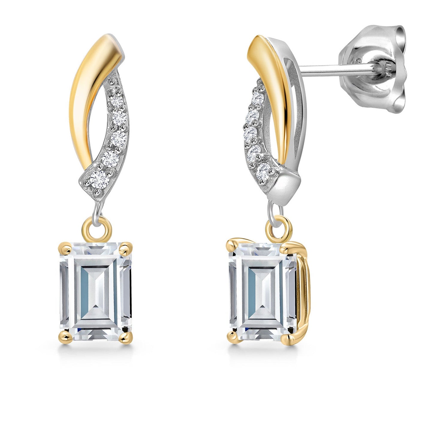 925 Silver and 10K Yellow Gold 6X4MM Emerald Cut Gemstone Birthstone and White Lab Grown Diamond Dangle Earrings for Women