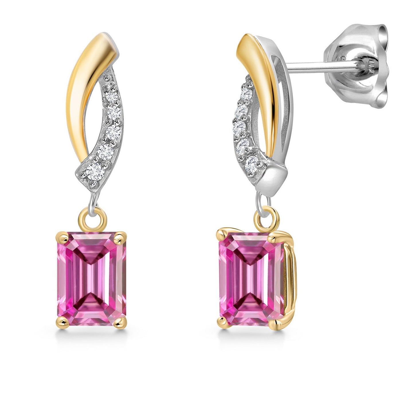 925 Silver and 10K Yellow Gold 6X4MM Emerald Cut Gemstone Birthstone and White Lab Grown Diamond Dangle Earrings for Women