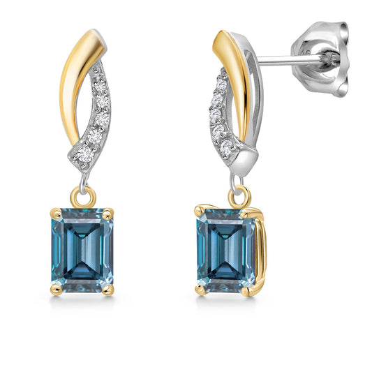 925 Silver and 10K Yellow Gold 6X4MM Emerald Cut Gemstone Birthstone and White Lab Grown Diamond Dangle Earrings for Women