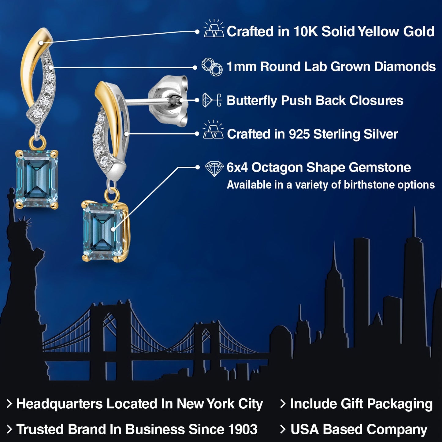 925 Silver and 10K Yellow Gold 6X4MM Emerald Cut Gemstone Birthstone and White Lab Grown Diamond Dangle Earrings for Women