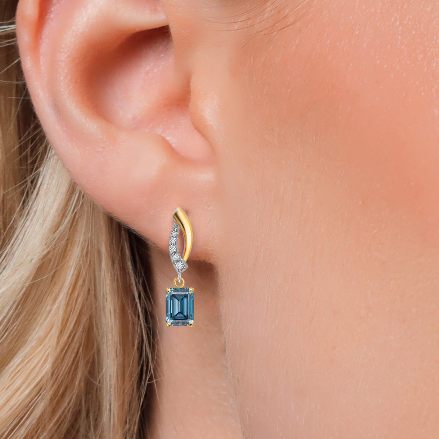 925 Silver and 10K Yellow Gold 6X4MM Emerald Cut Gemstone Birthstone and White Lab Grown Diamond Dangle Earrings for Women