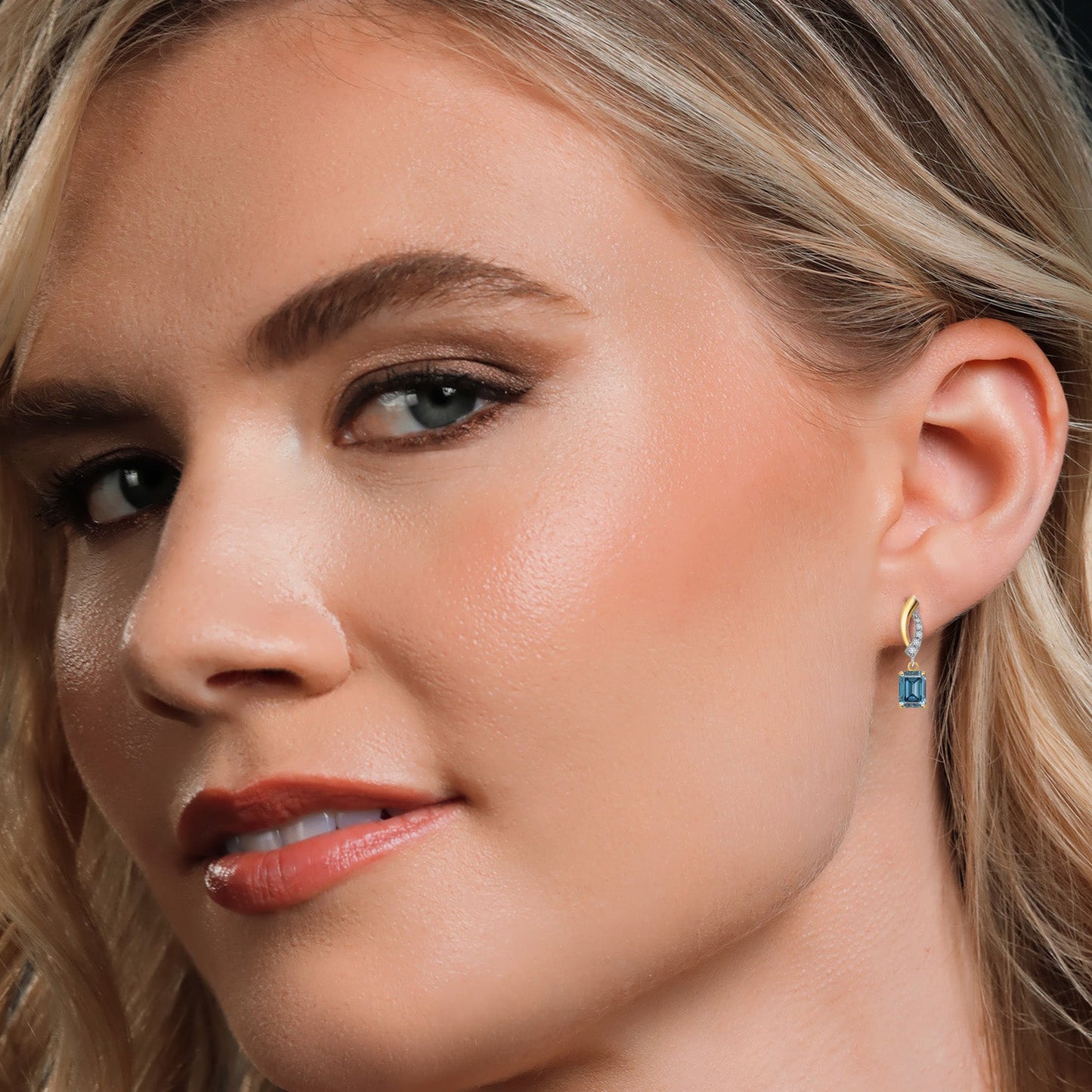 925 Silver and 10K Yellow Gold 6X4MM Emerald Cut Gemstone Birthstone and White Lab Grown Diamond Dangle Earrings for Women