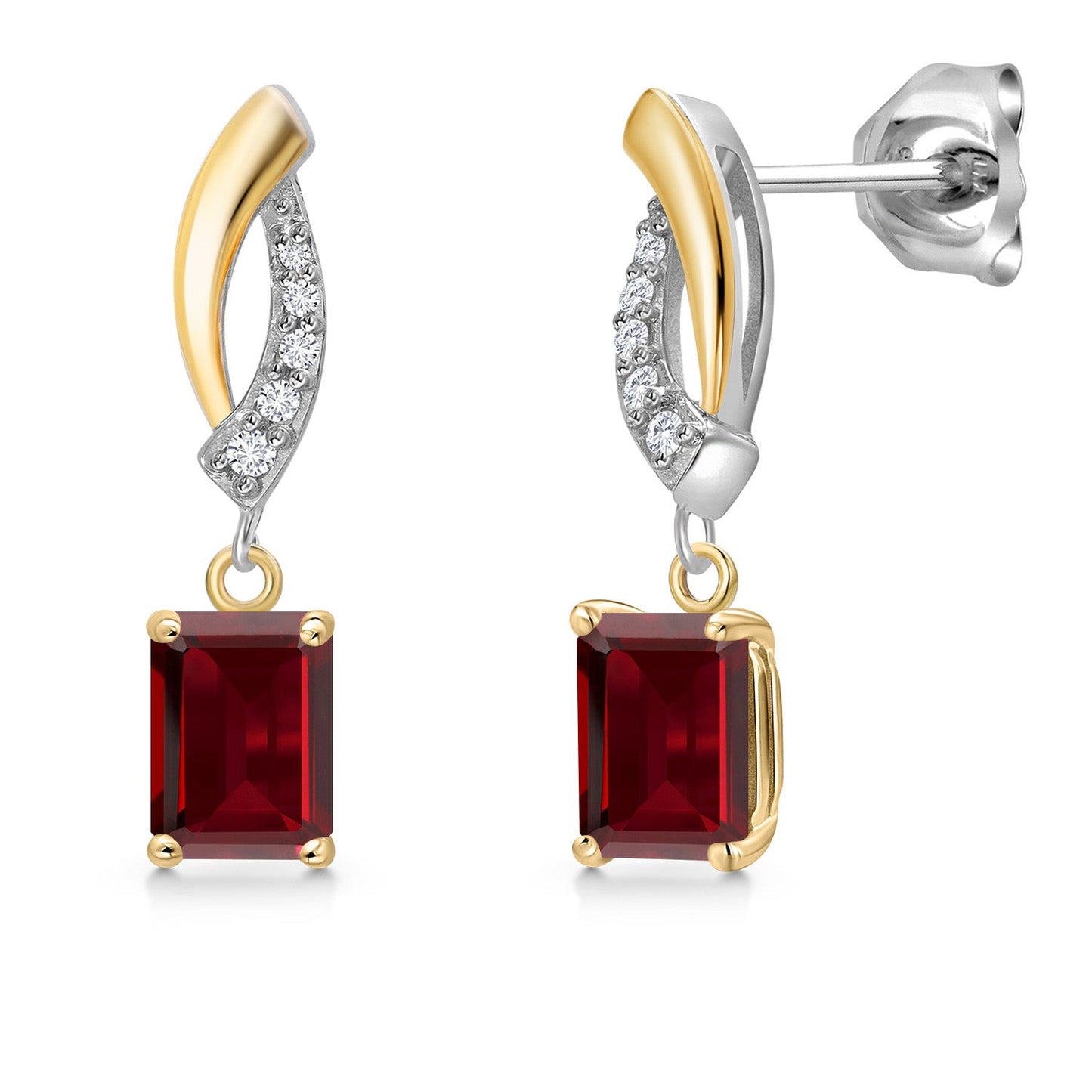 925 Silver and 10K Yellow Gold 6X4MM Emerald Cut Gemstone Birthstone and White Lab Grown Diamond Dangle Earrings for Women