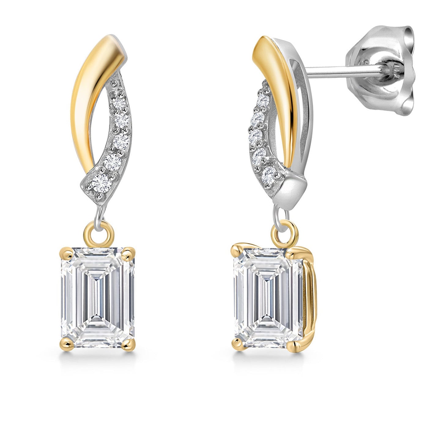 925 Silver and 10K Yellow Gold 6X4MM Emerald Cut Gemstone Birthstone and White Lab Grown Diamond Dangle Earrings for Women