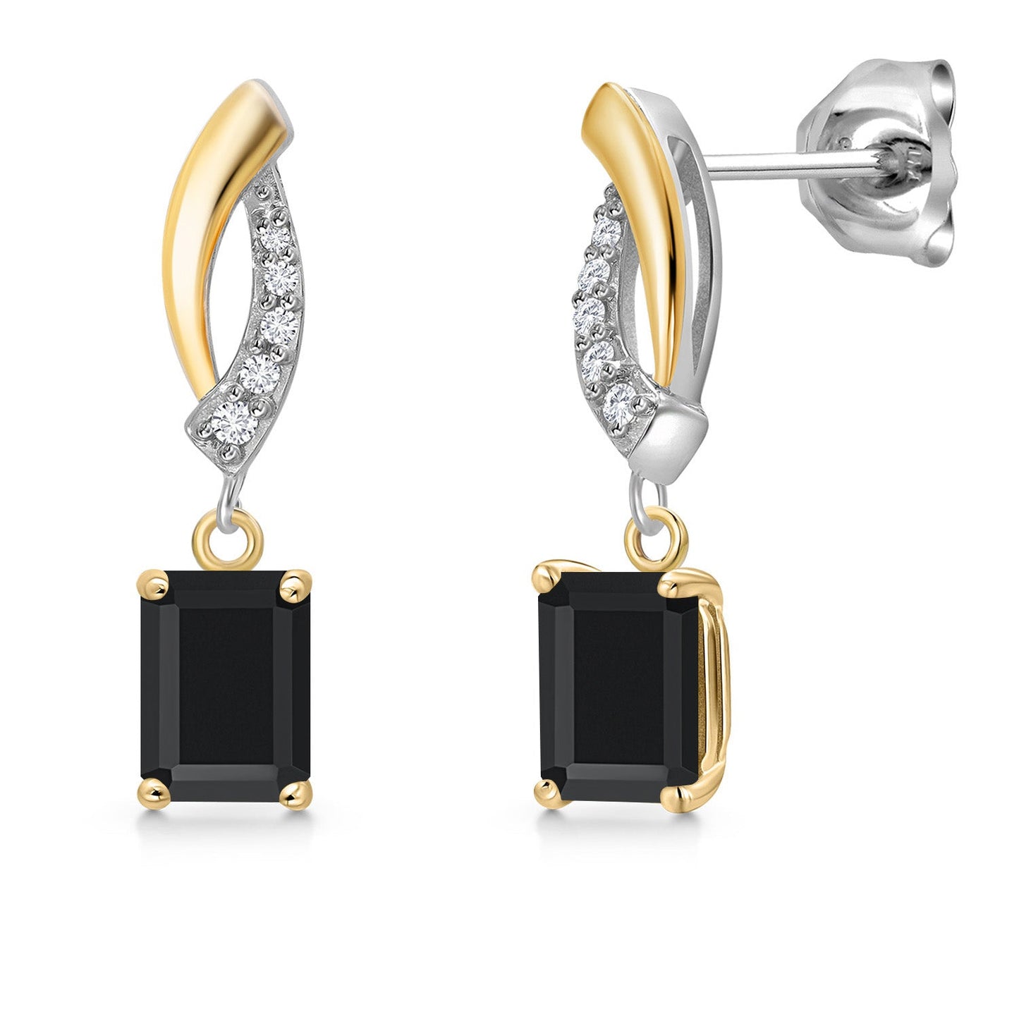 925 Silver and 10K Yellow Gold 6X4MM Emerald Cut Gemstone Birthstone and White Lab Grown Diamond Dangle Earrings for Women