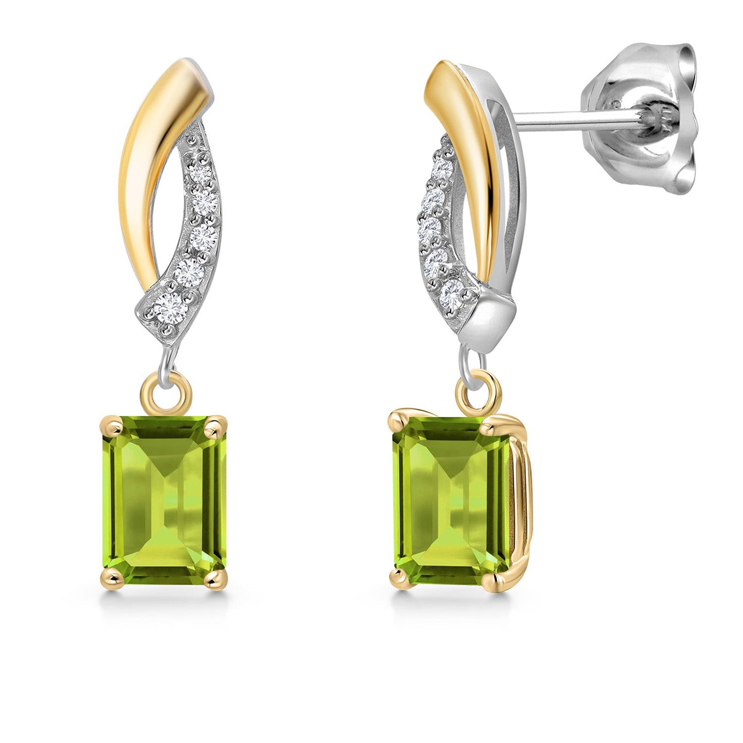 925 Silver and 10K Yellow Gold 6X4MM Emerald Cut Gemstone Birthstone and White Lab Grown Diamond Dangle Earrings for Women
