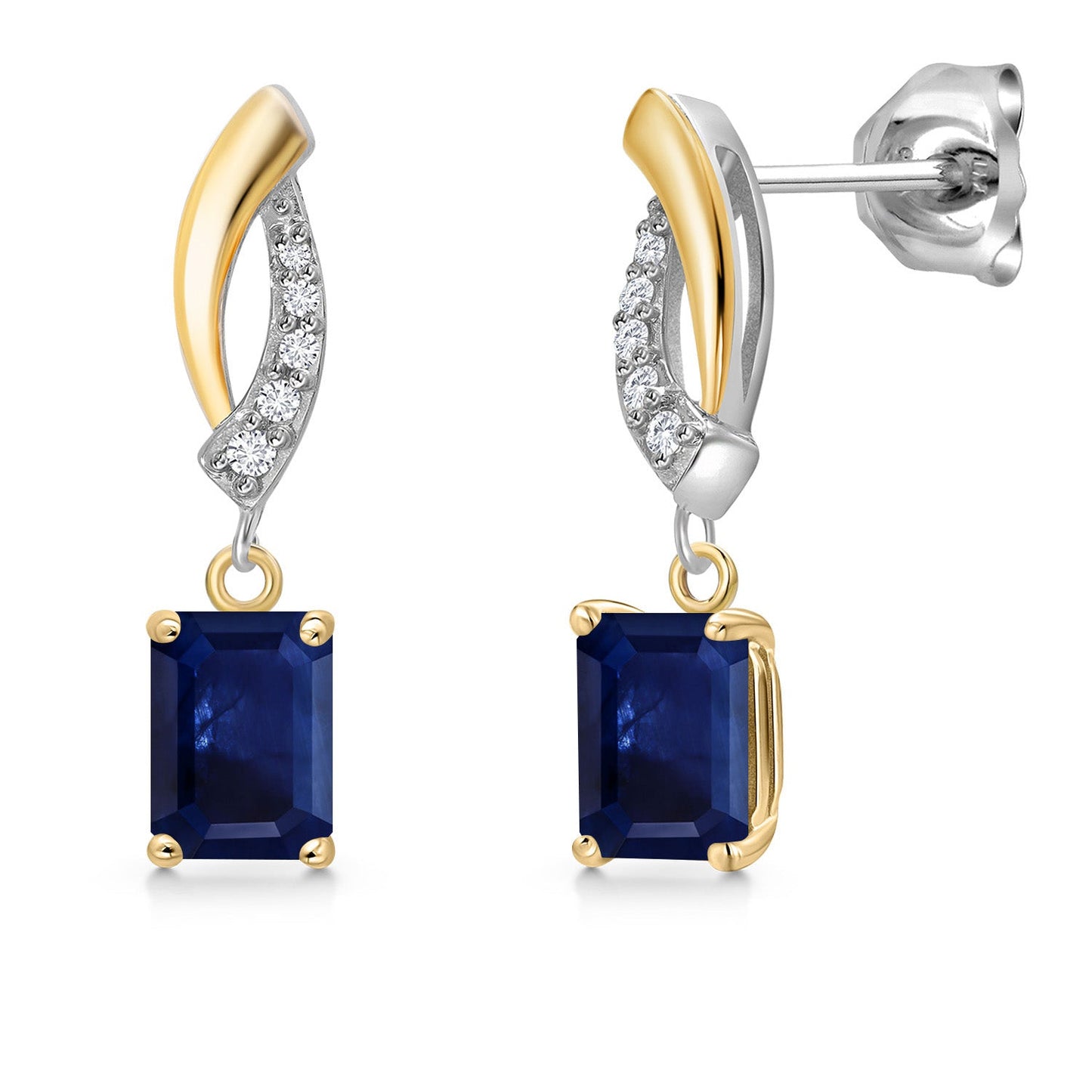 925 Silver and 10K Yellow Gold 6X4MM Emerald Cut Gemstone Birthstone and White Lab Grown Diamond Dangle Earrings for Women