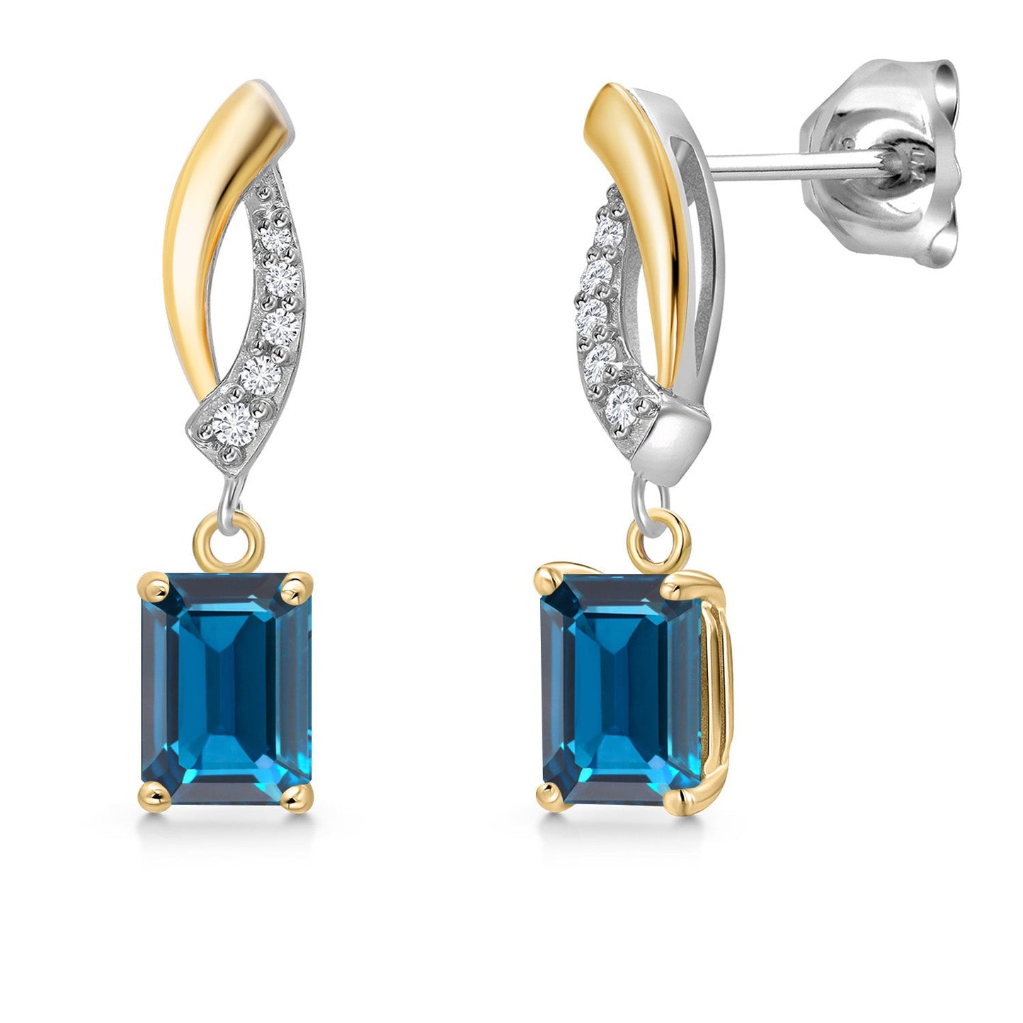 925 Silver and 10K Yellow Gold 6X4MM Emerald Cut Gemstone Birthstone and White Lab Grown Diamond Dangle Earrings for Women