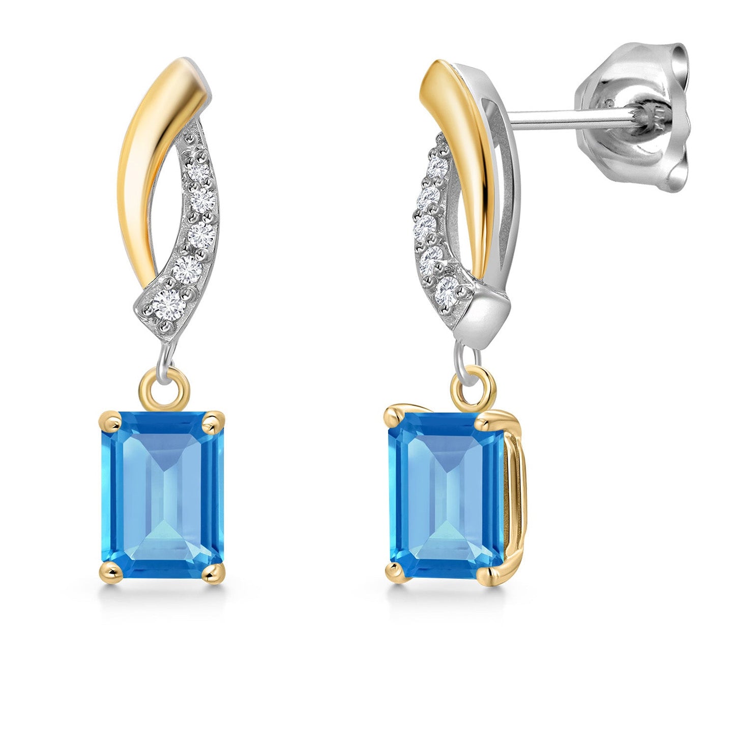 925 Silver and 10K Yellow Gold 6X4MM Emerald Cut Gemstone Birthstone and White Lab Grown Diamond Dangle Earrings for Women