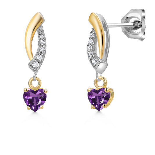925 Silver and 10K Yellow Gold 4MM Heart Shape Gemstone Birthstone and White Lab Grown Diamond Dangle Earrings for Women