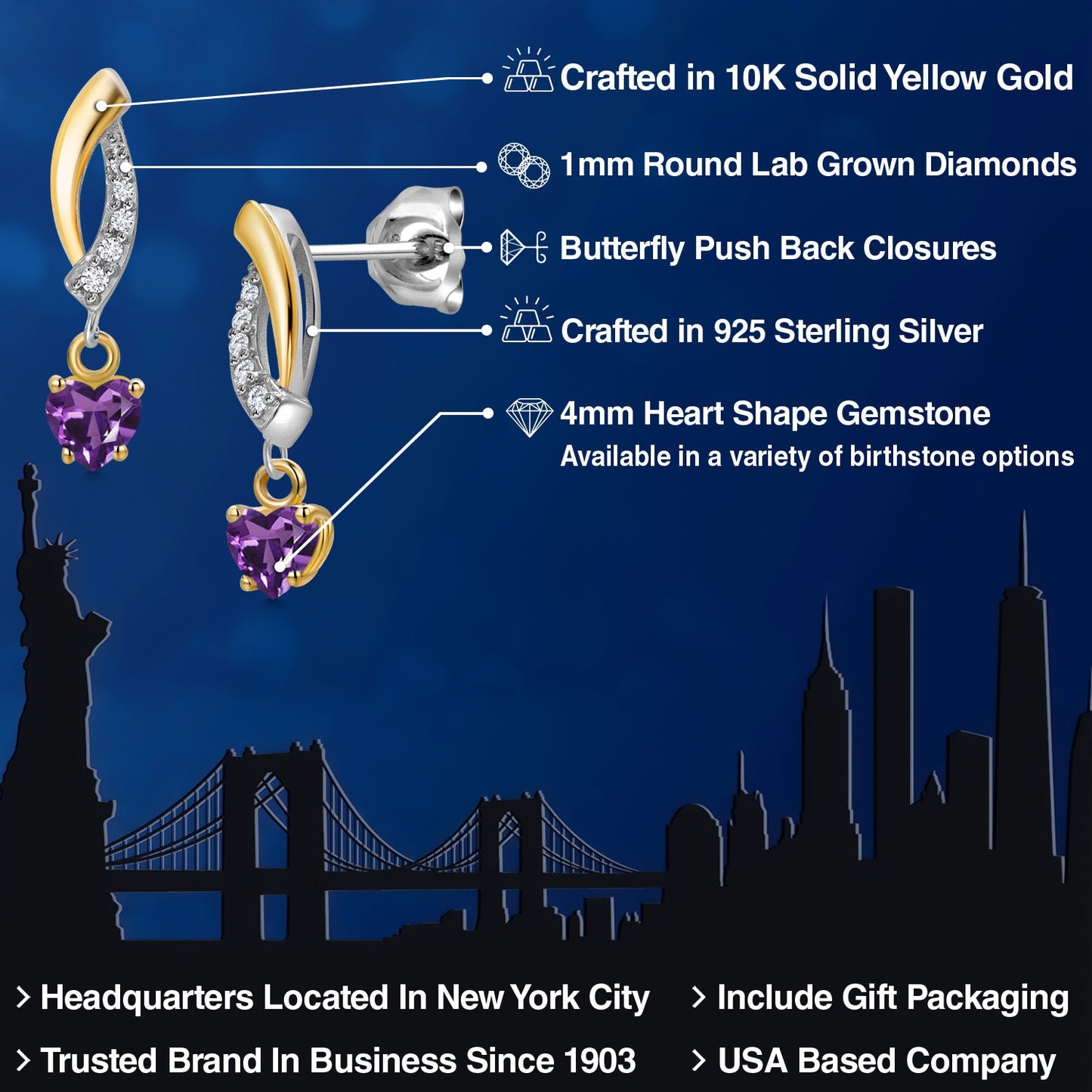 925 Silver and 10K Yellow Gold 4MM Heart Shape Gemstone Birthstone and White Lab Grown Diamond Dangle Earrings for Women