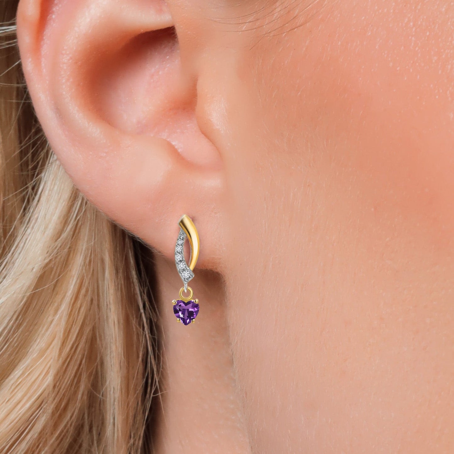 925 Silver and 10K Yellow Gold 4MM Heart Shape Gemstone Birthstone and White Lab Grown Diamond Dangle Earrings for Women