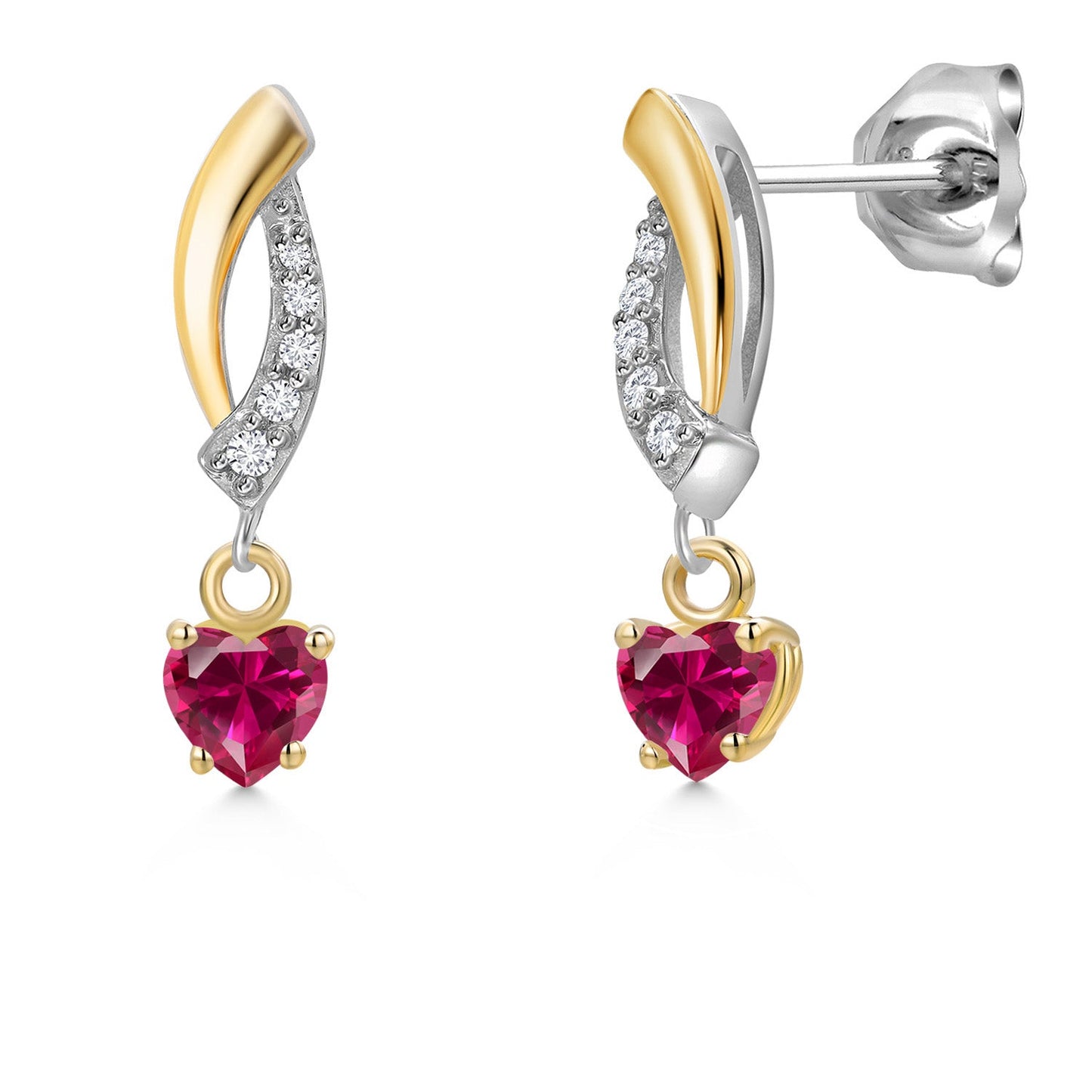 925 Silver and 10K Yellow Gold 4MM Heart Shape Gemstone Birthstone and White Lab Grown Diamond Dangle Earrings for Women