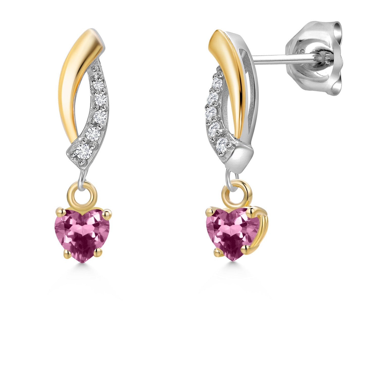 925 Silver and 10K Yellow Gold 4MM Heart Shape Gemstone Birthstone and White Lab Grown Diamond Dangle Earrings for Women