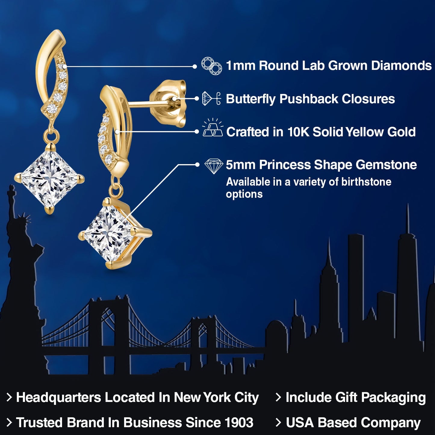 10K Yellow Gold 5MM Princess Gemstone Birthstone and White Lab Grown Diamond Infinity Dangle Earrings for Women | Gold Earrings For Women