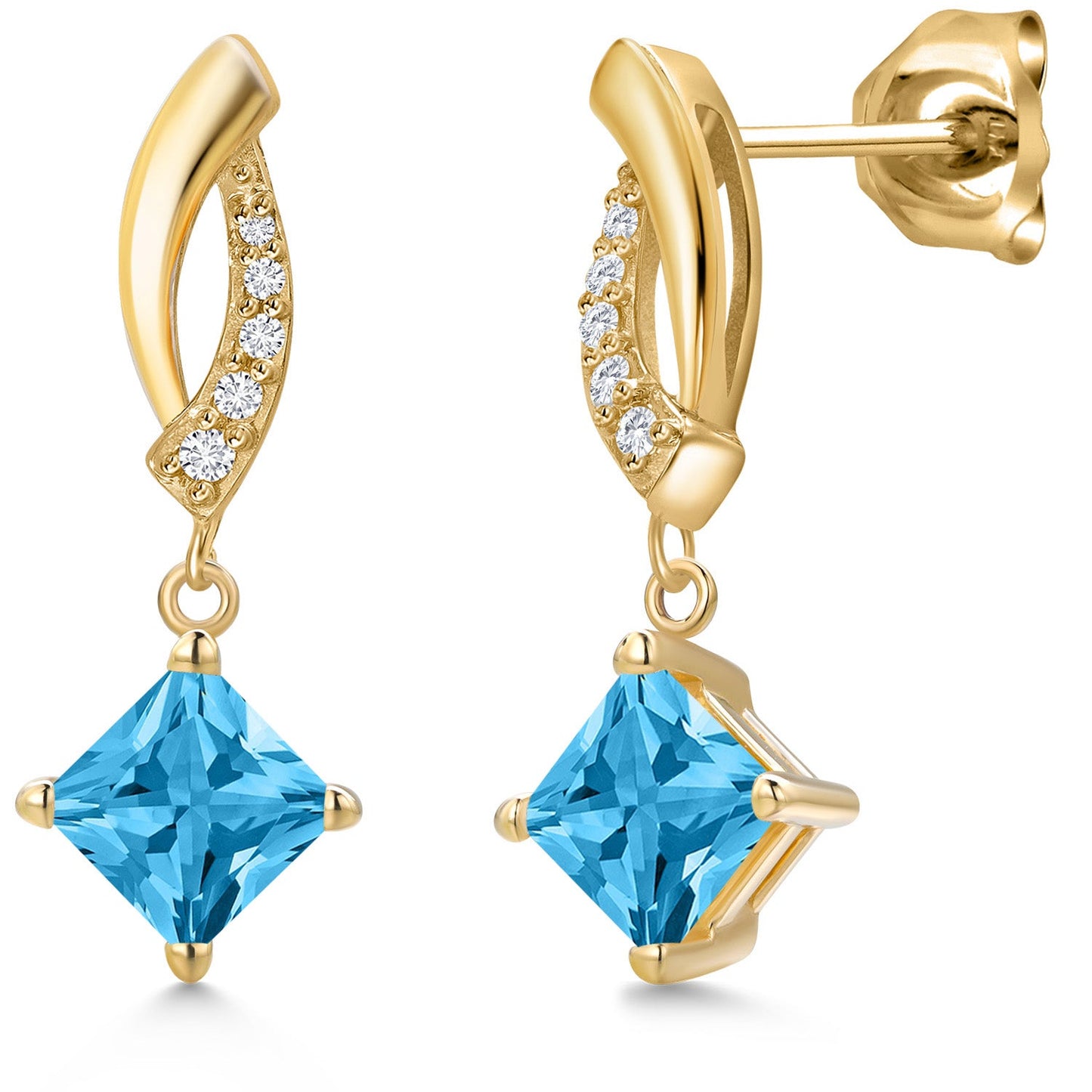 10K Yellow Gold 5MM Princess Gemstone Birthstone and White Lab Grown Diamond Infinity Dangle Earrings for Women | Gold Earrings For Women