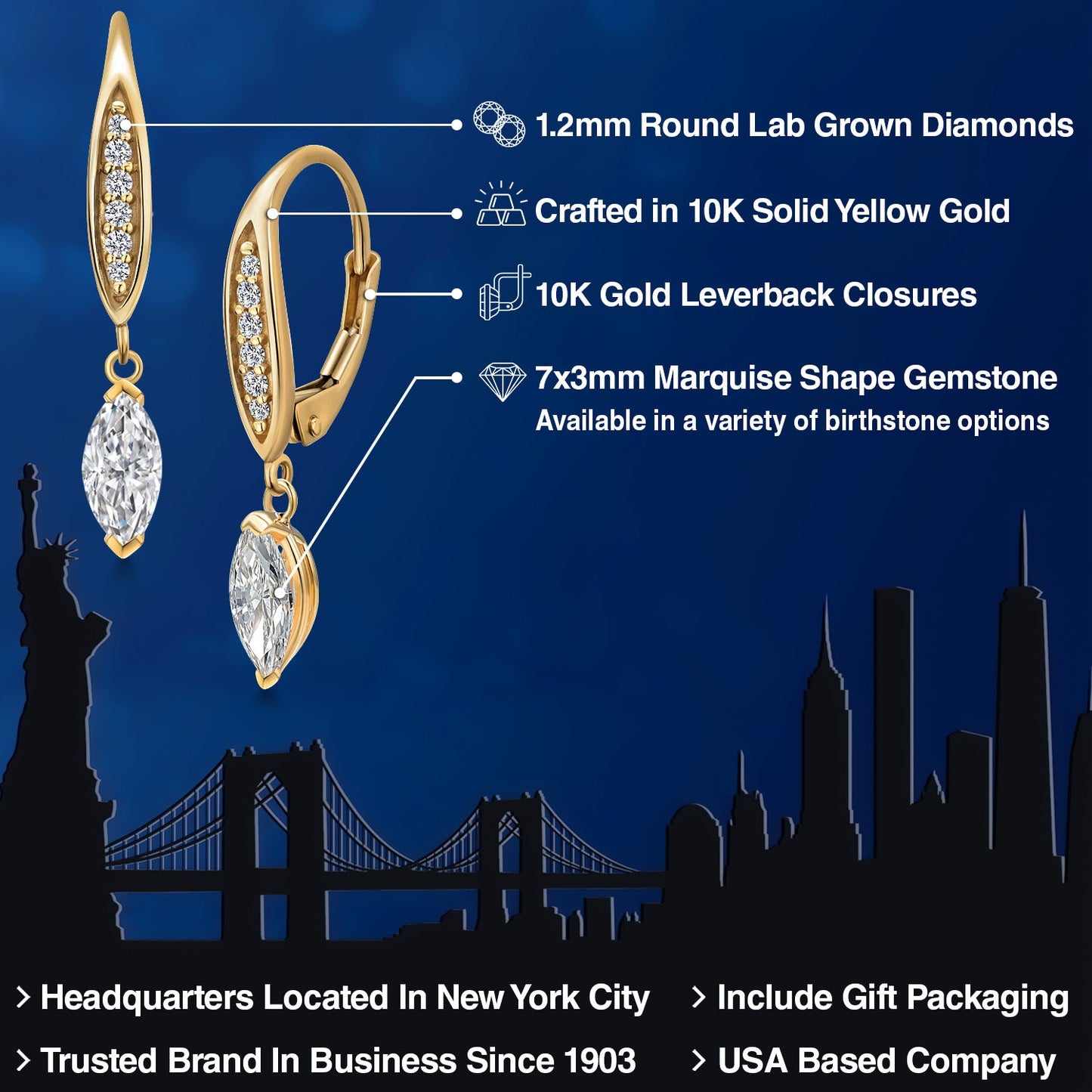 10K Yellow Gold Lab Grown Diamond Earrings for Women | 0.68 Cttw | Gemstone April Birthstone | Marquise 7X3MM