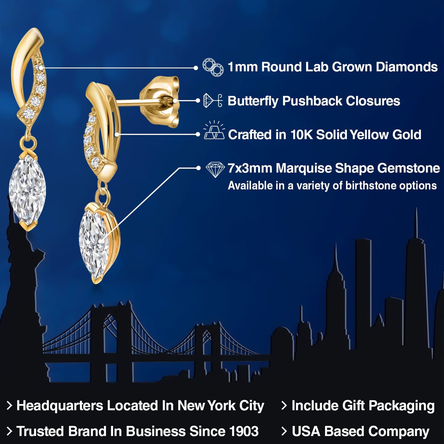 10K Yellow Gold Lab Grown Diamond Dangle Earrings for Women | 0.65 Cttw | Gemstone April Birthstone | Marquise 7X3MM