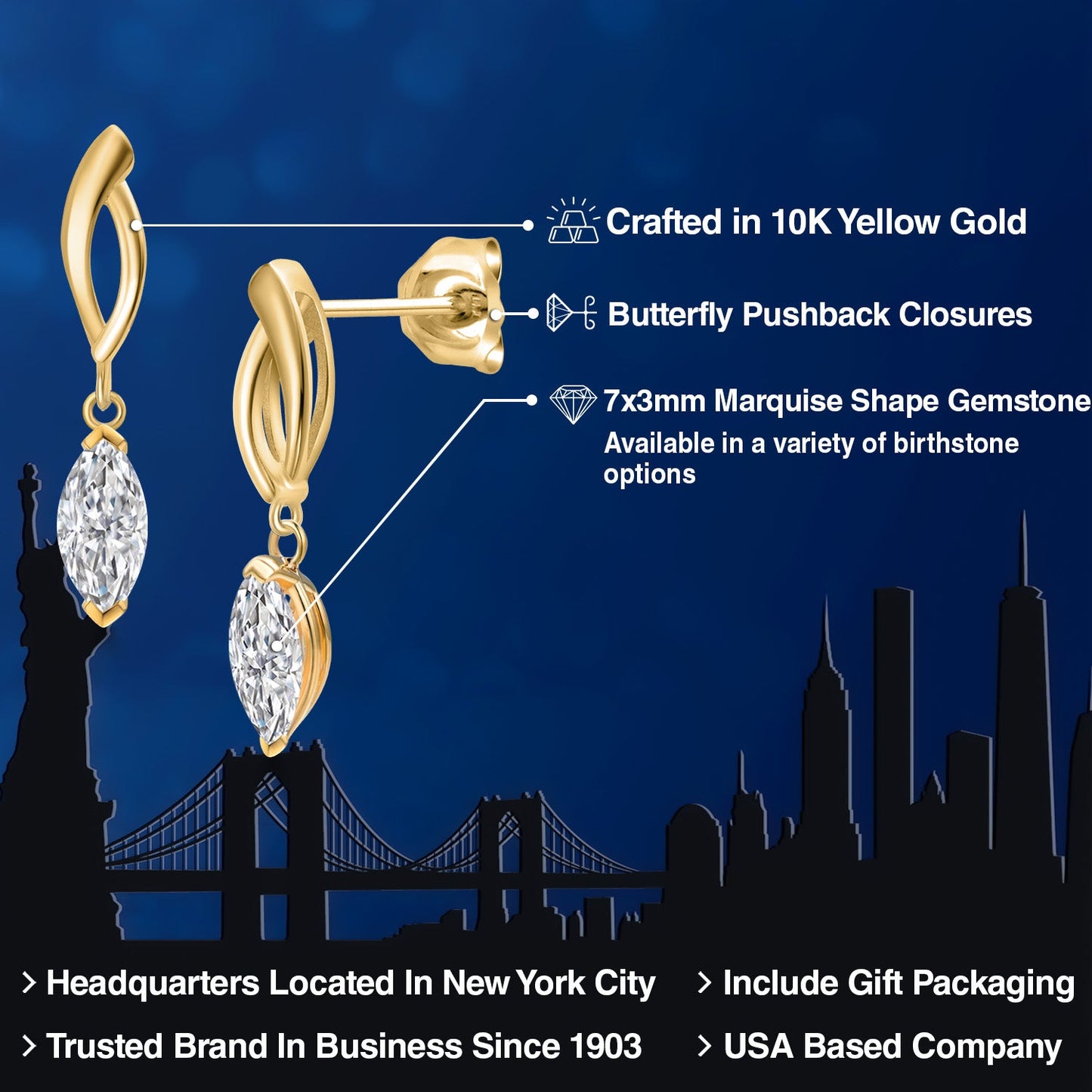 10K Yellow Gold Lab Grown Diamond Earrings for Women | 0.60 Cttw | Gemstone April Birthstone | Marquise 7X3MM