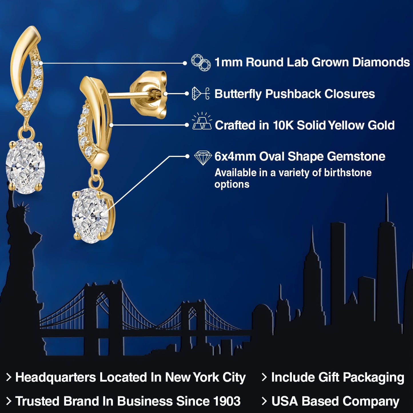 10K Yellow Gold 6X4MM Oval Cut Gemstone Birthstone and White Lab Grown Diamond Infinity Dangle Earrings for Women | Gold Earrings For Women