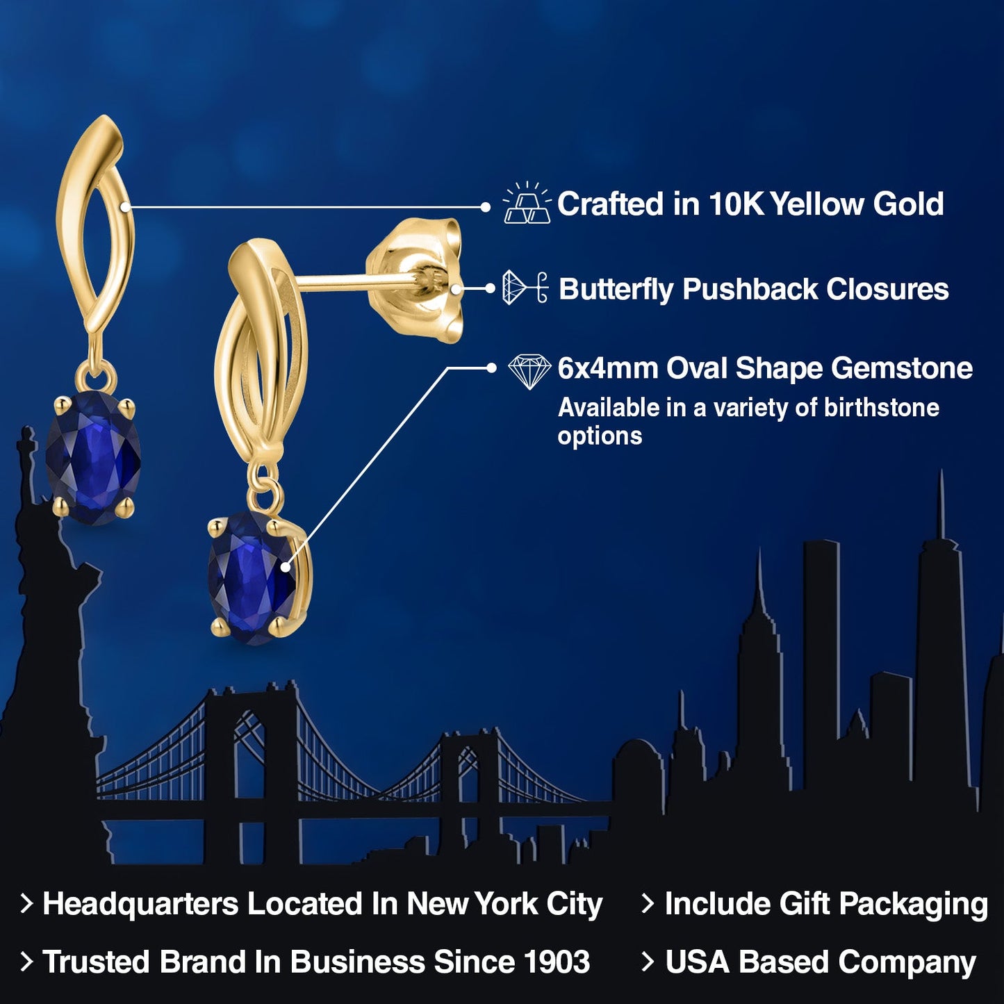 10K Yellow Gold Blue Sapphire Dangle Earrings for Women | 1.10 Cttw | Gemstone September Birthstone | Oval 6X4MM
