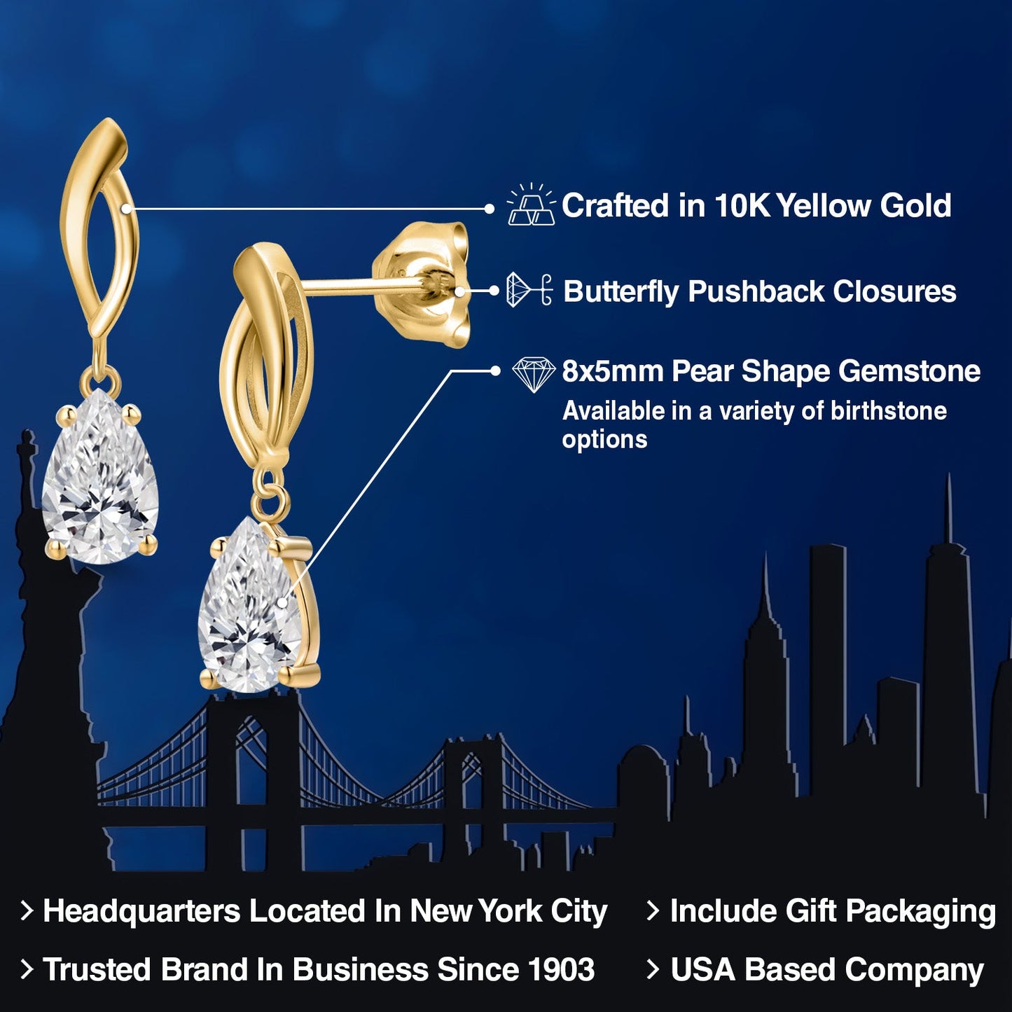 10K Yellow Gold 8X5MM Pear Shape Gemstone Birthstone Infinity Dangle Earrings For Women | Gold Earrings For Women