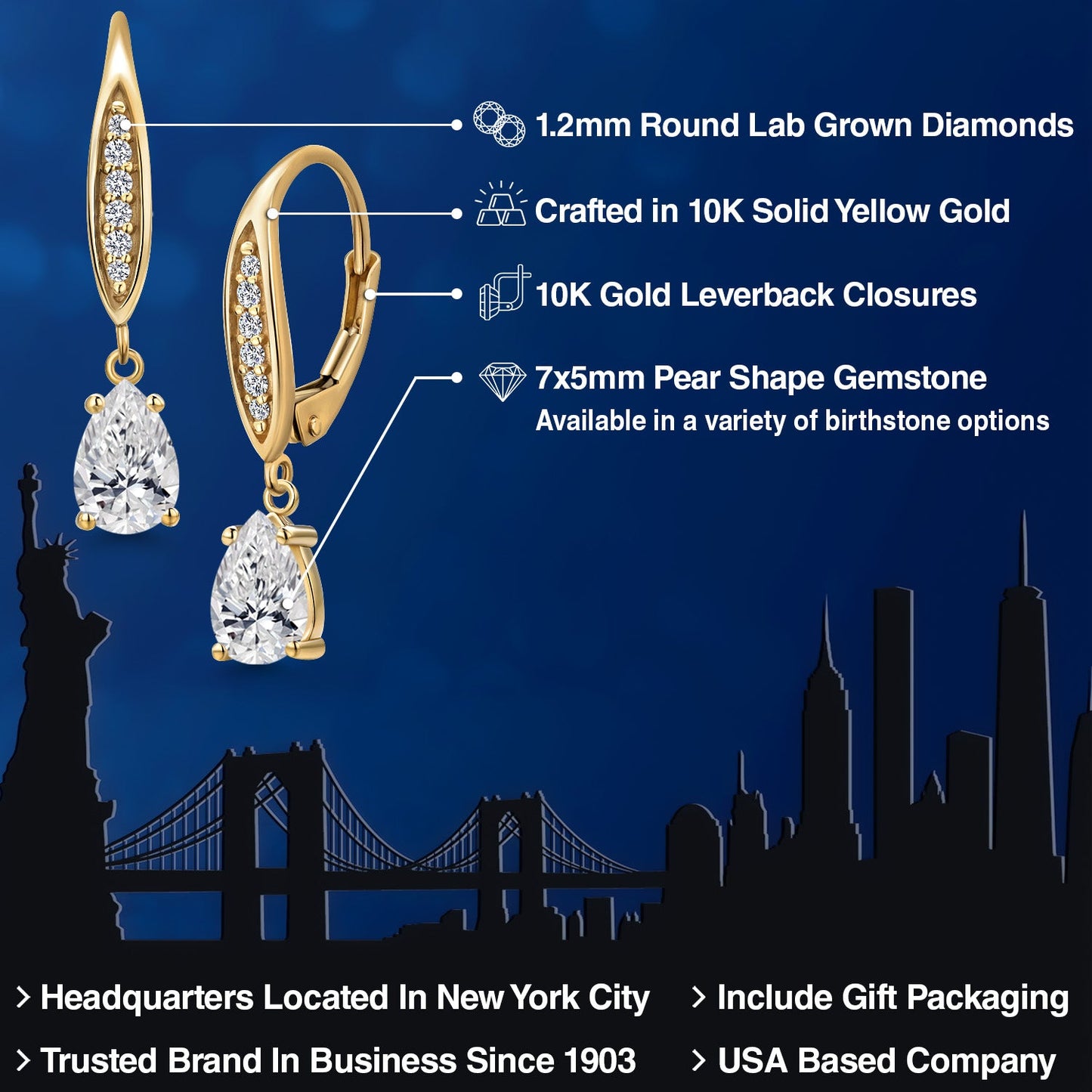 7X5MM Pear Shape Gemstone Birhtstone and Lab Grown Diamond Leverback Dangle Earrings for Women in 10K Yellow Gold | Fine Jewelry Gifts for Her Mom Women Wife