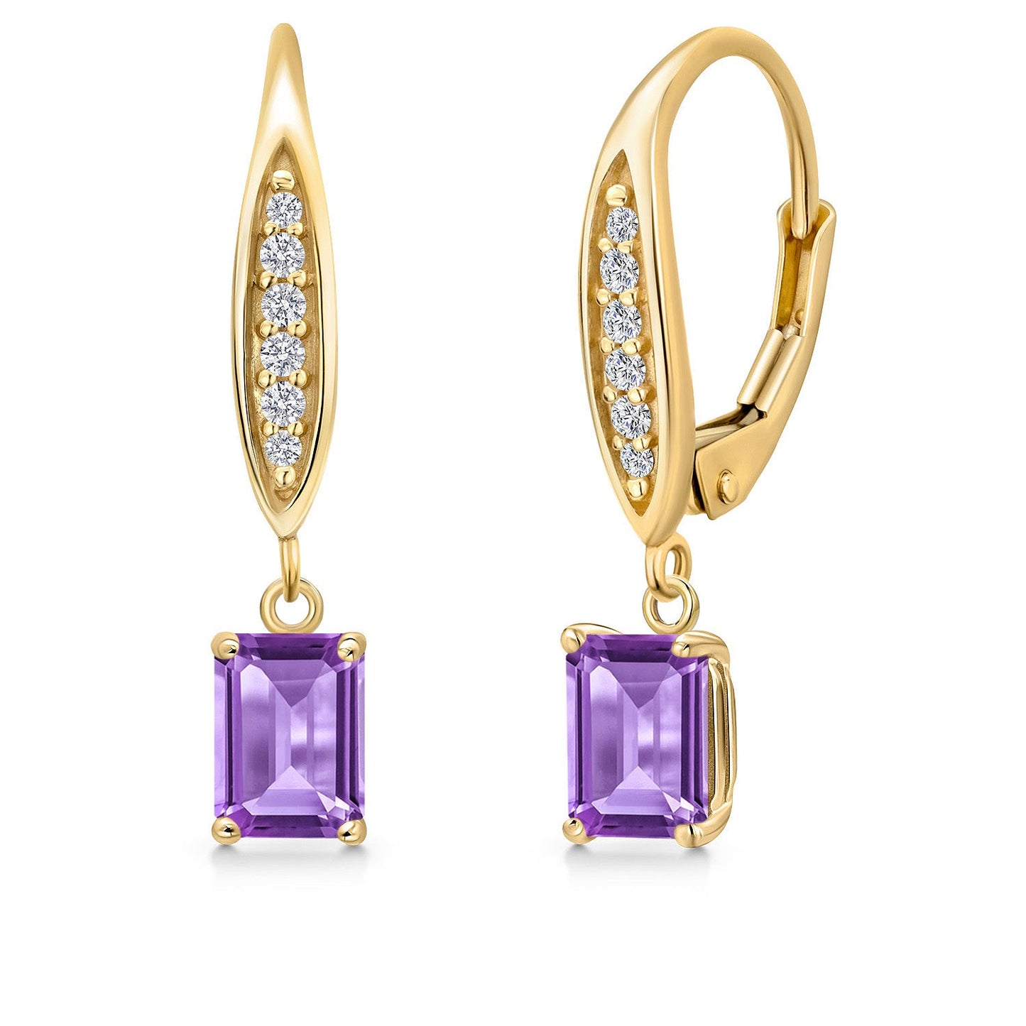 6X4MM Emerald Cut Gemstone Birhtstone and Lab Grown Diamond Leverback Dangle Earrings for Women in 10K Yellow Gold | Fine Jewelry Gifts for Her Mom Women Wife