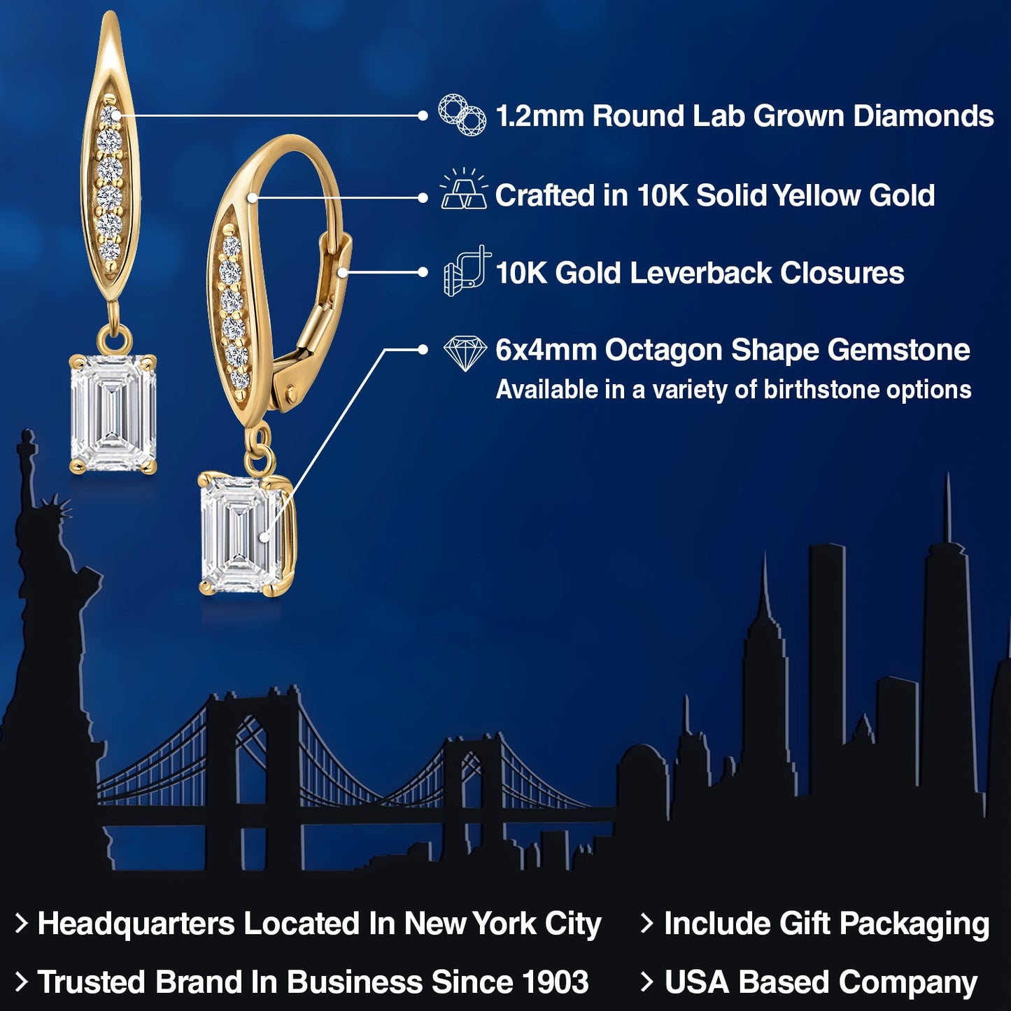 6X4MM Emerald Cut Gemstone Birhtstone and Lab Grown Diamond Leverback Dangle Earrings for Women in 10K Yellow Gold | Fine Jewelry Gifts for Her Mom Women Wife