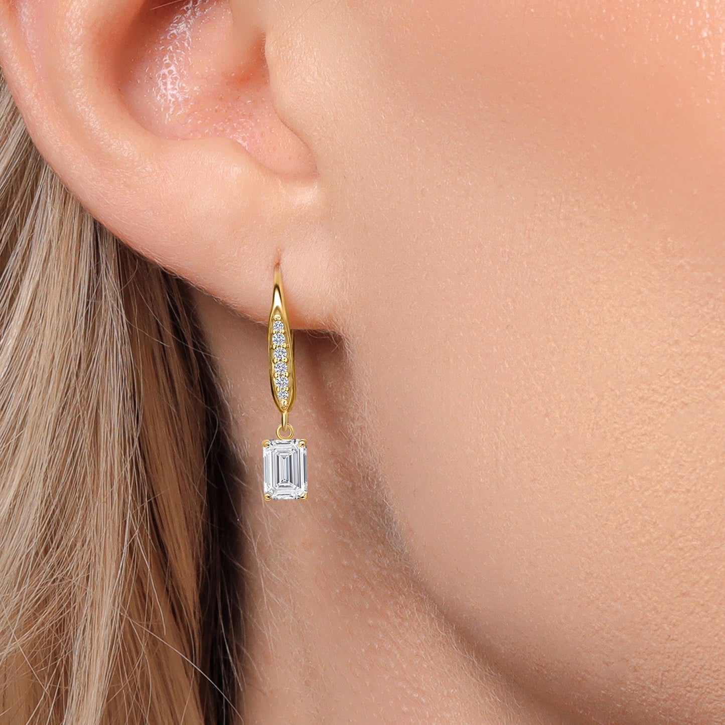 6X4MM Emerald Cut Gemstone Birhtstone and Lab Grown Diamond Leverback Dangle Earrings for Women in 10K Yellow Gold | Fine Jewelry Gifts for Her Mom Women Wife