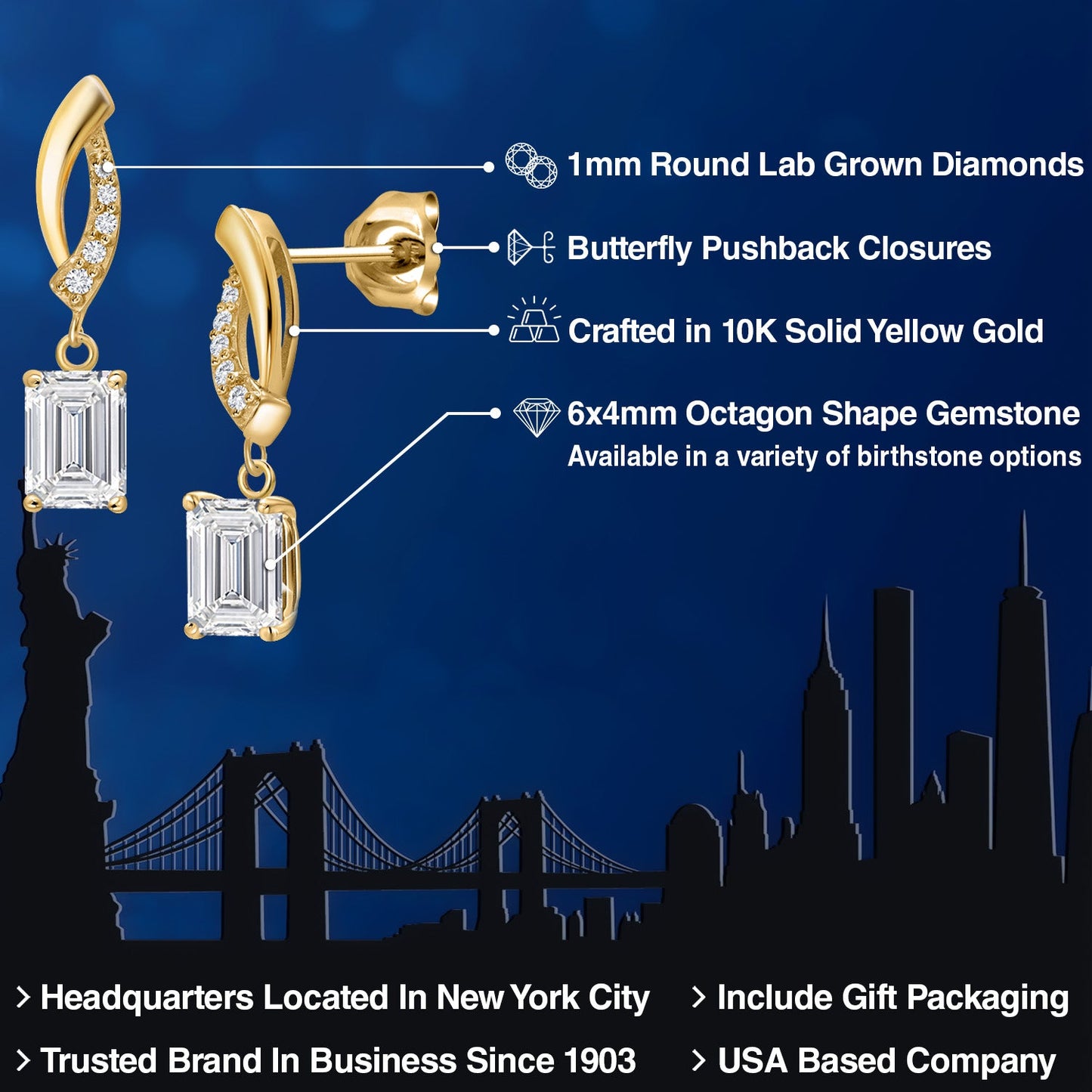 10K Yellow Gold 6X4MM Emerald Cut Gemstone Birthstone and White Lab Grown Diamond Infinity Dangle Earrings For Women | Gold Earrings For Women