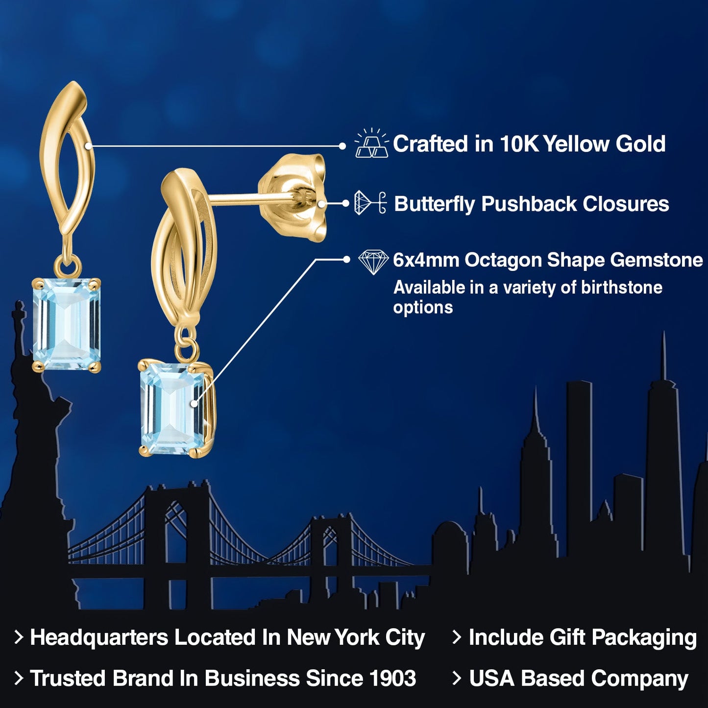 10K Yellow Gold Gemstone Birthstone Infinity Dangle Earrings | Emerald Cut 6X4MM | Gold Earrings for Women | Fine Jewelry Gifts for Her Mom Women Wife