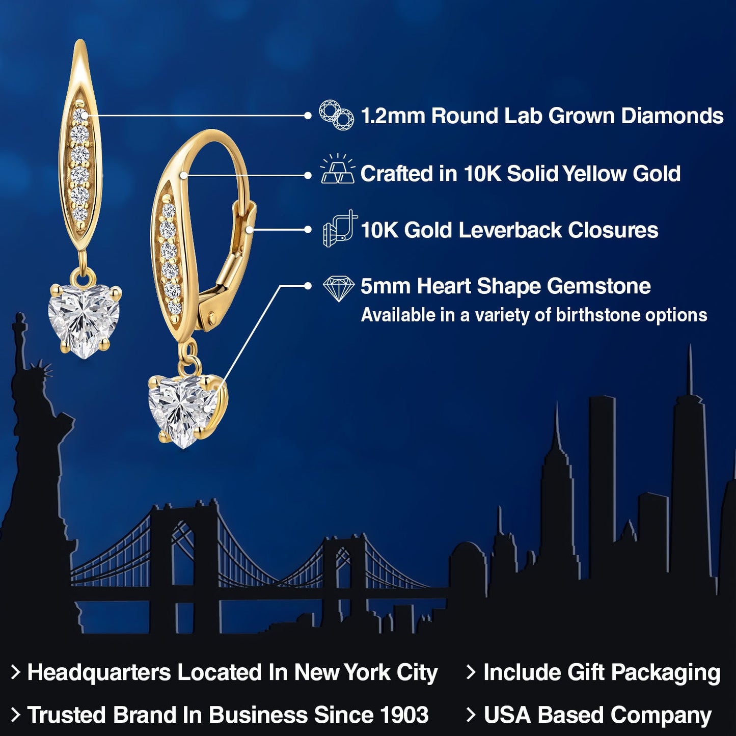 10K Yellow Gold 5MM Heart Shape Gemstone Birthstone and Lab Grown Diamond Dangle Earrings for Women | Fine Jewelry Gifts for Her Mom Women Wife