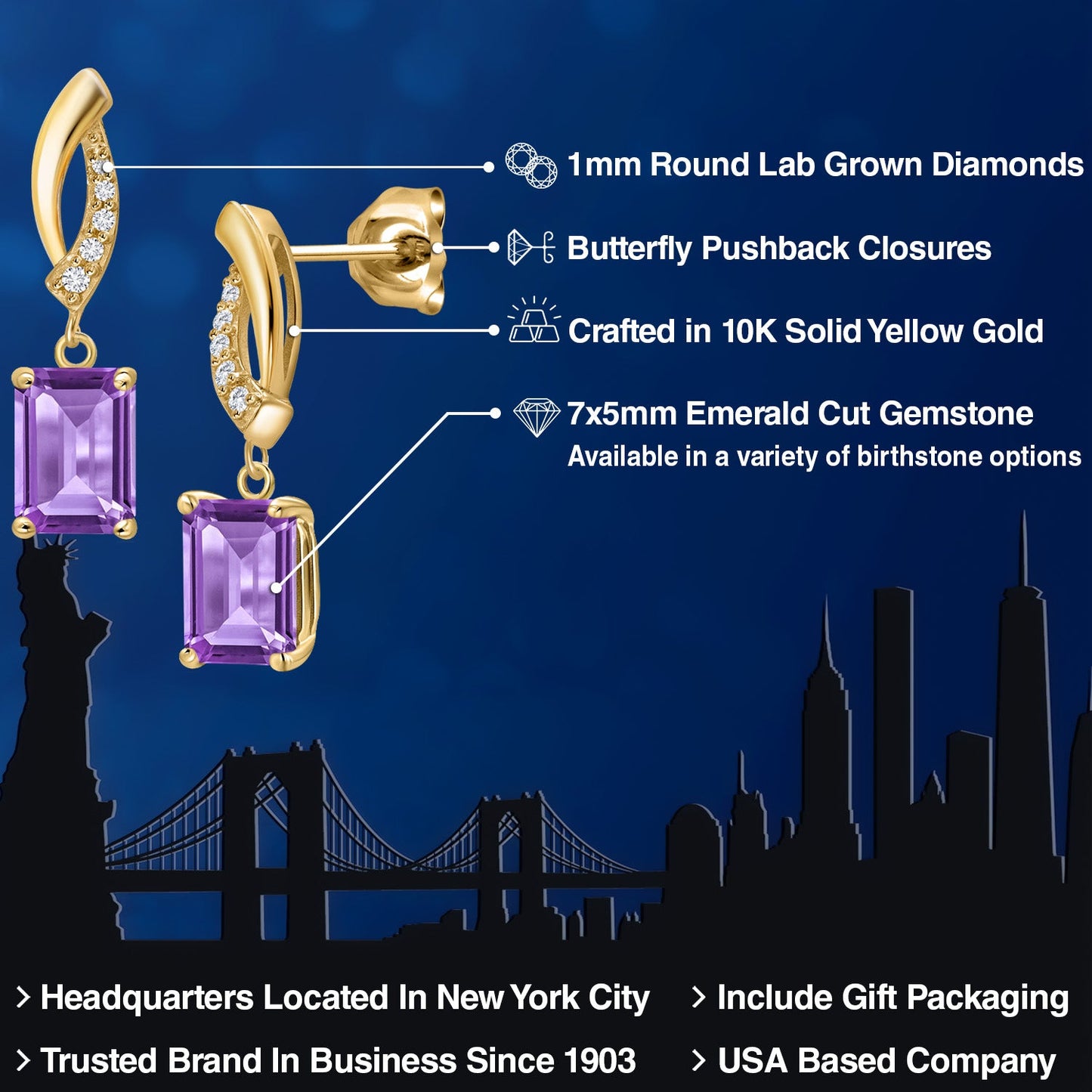 10K Yellow Gold 7X5MM Emerald Cut Gemstone Birthstone and Lab Grown Diamond Infinity Dangle Earrings for Women