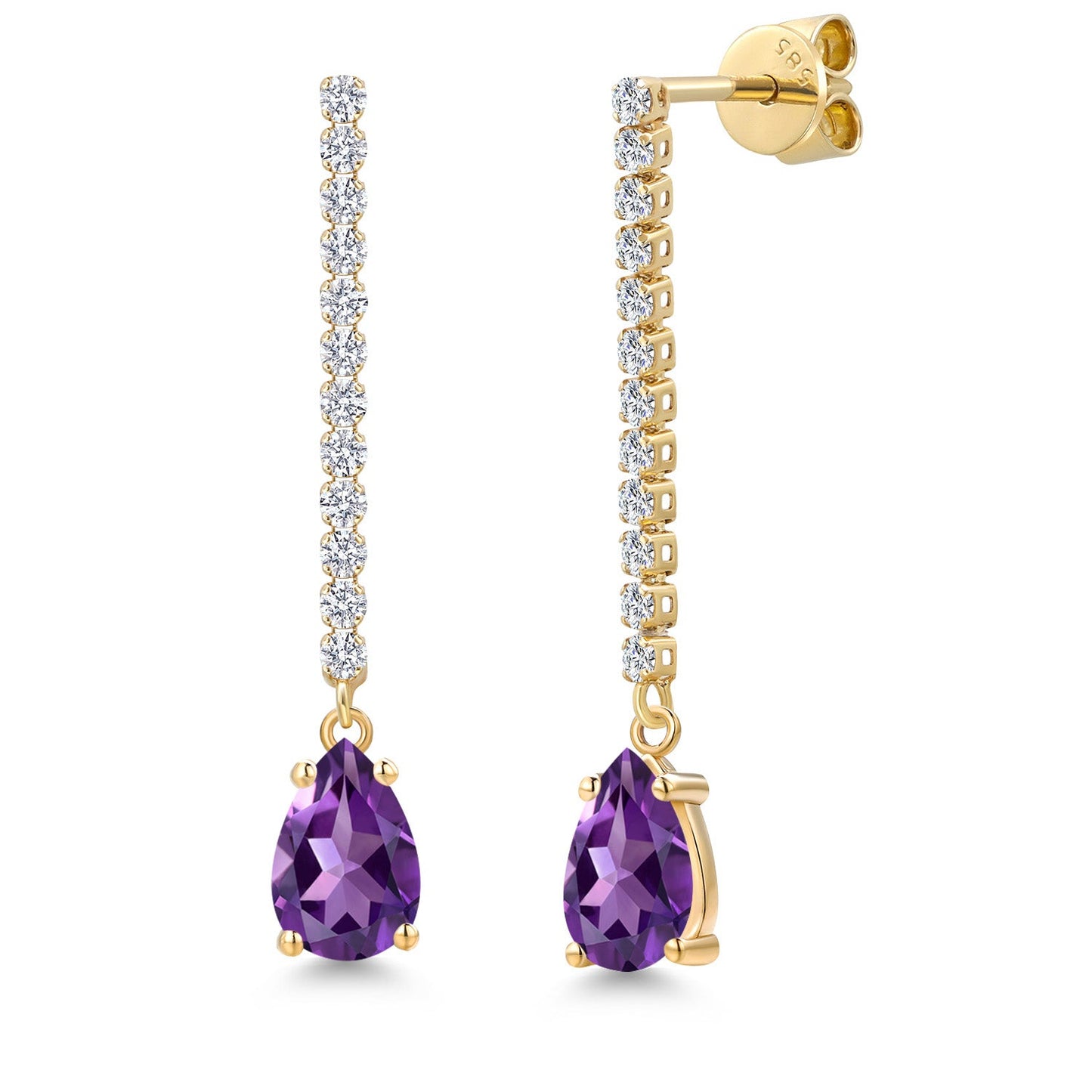 14K Yellow Gold Gemstone Birthstone and White Lab Grown Diamond Long Liner Dangle Earrings for Women | Pear Shape 8X5MM | Yellow Gold Chain Drop Earrings