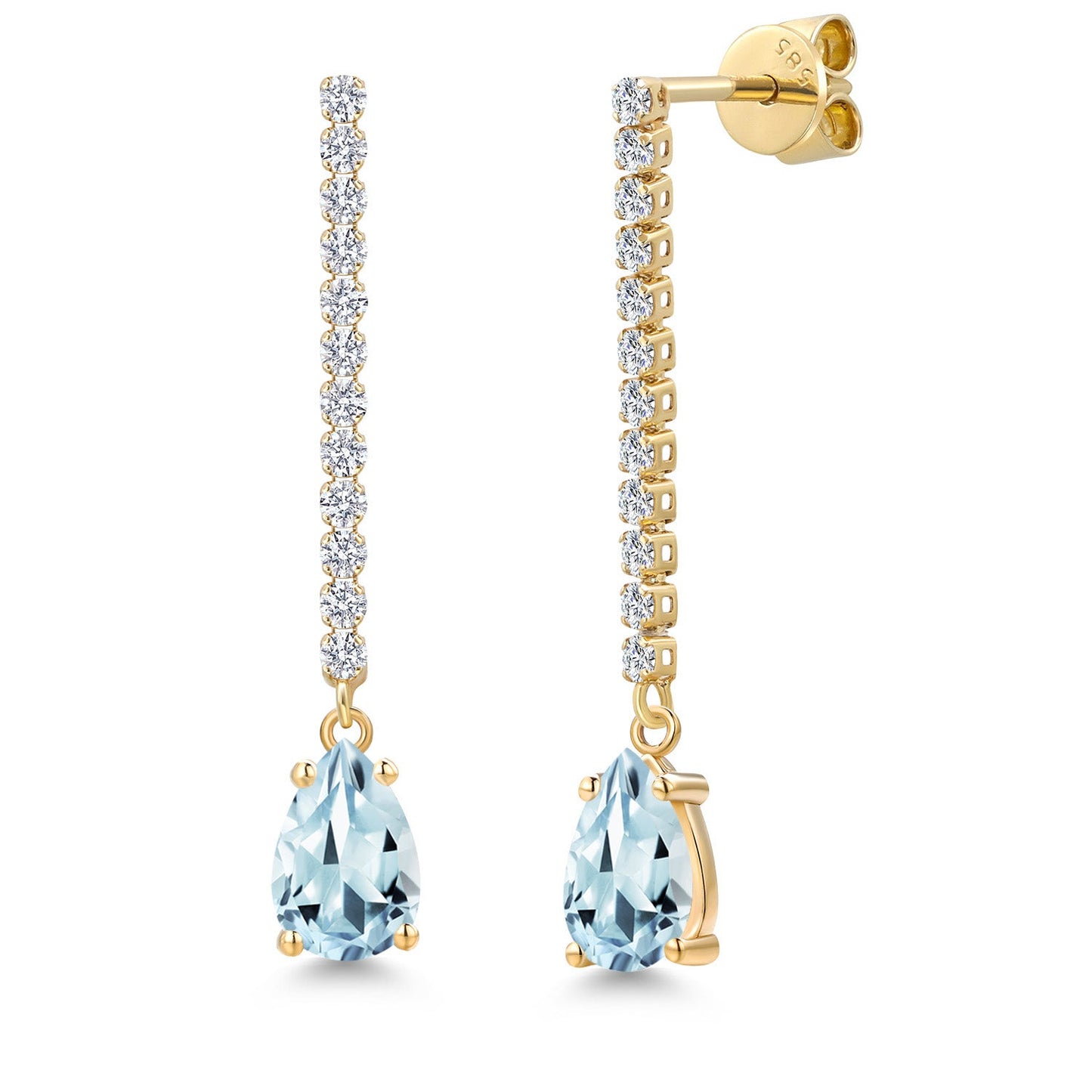 14K Yellow Gold Gemstone Birthstone and White Lab Grown Diamond Long Liner Dangle Earrings for Women | Pear Shape 8X5MM | Yellow Gold Chain Drop Earrings