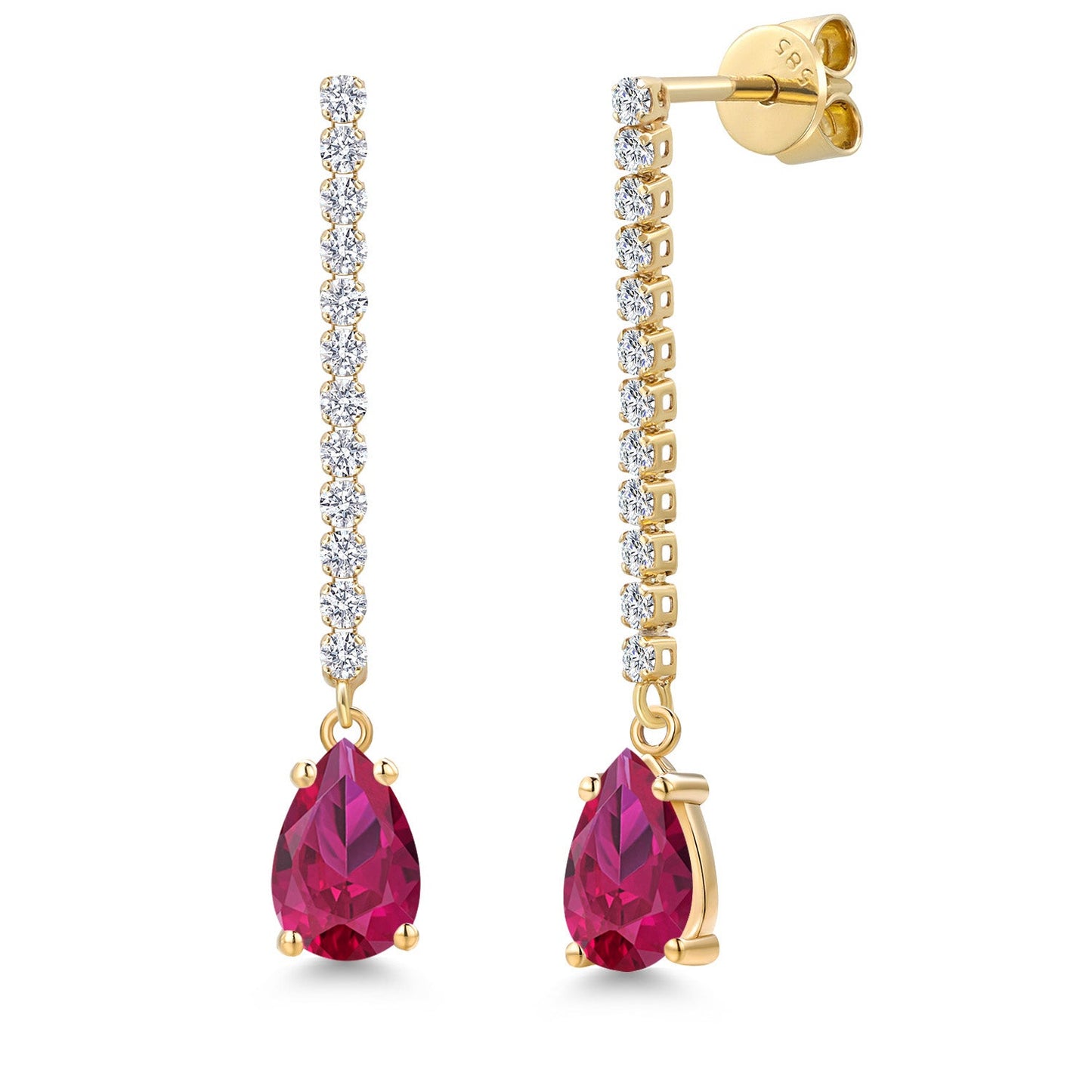 14K Yellow Gold Gemstone Birthstone and White Lab Grown Diamond Long Liner Dangle Earrings for Women | Pear Shape 8X5MM | Yellow Gold Chain Drop Earrings