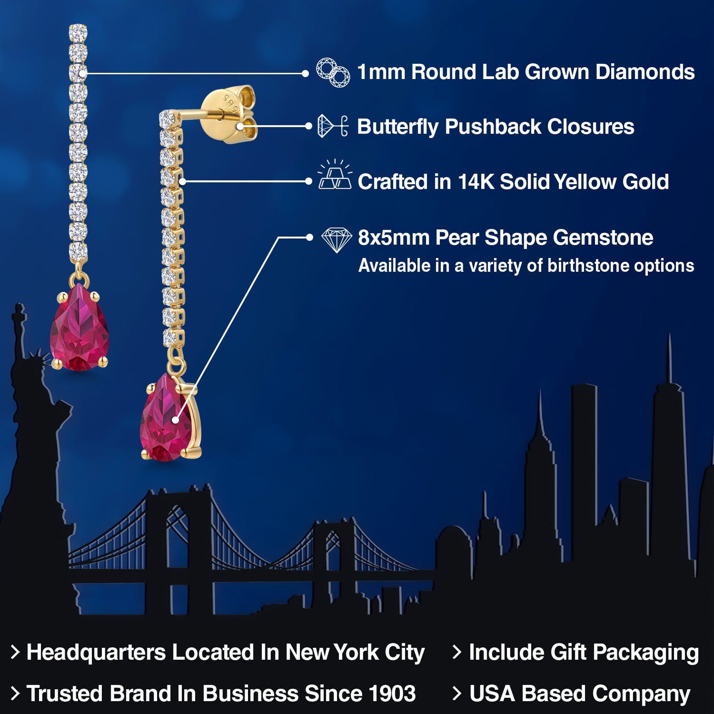 14K Yellow Gold Gemstone Birthstone and White Lab Grown Diamond Long Liner Dangle Earrings for Women | Pear Shape 8X5MM | Yellow Gold Chain Drop Earrings