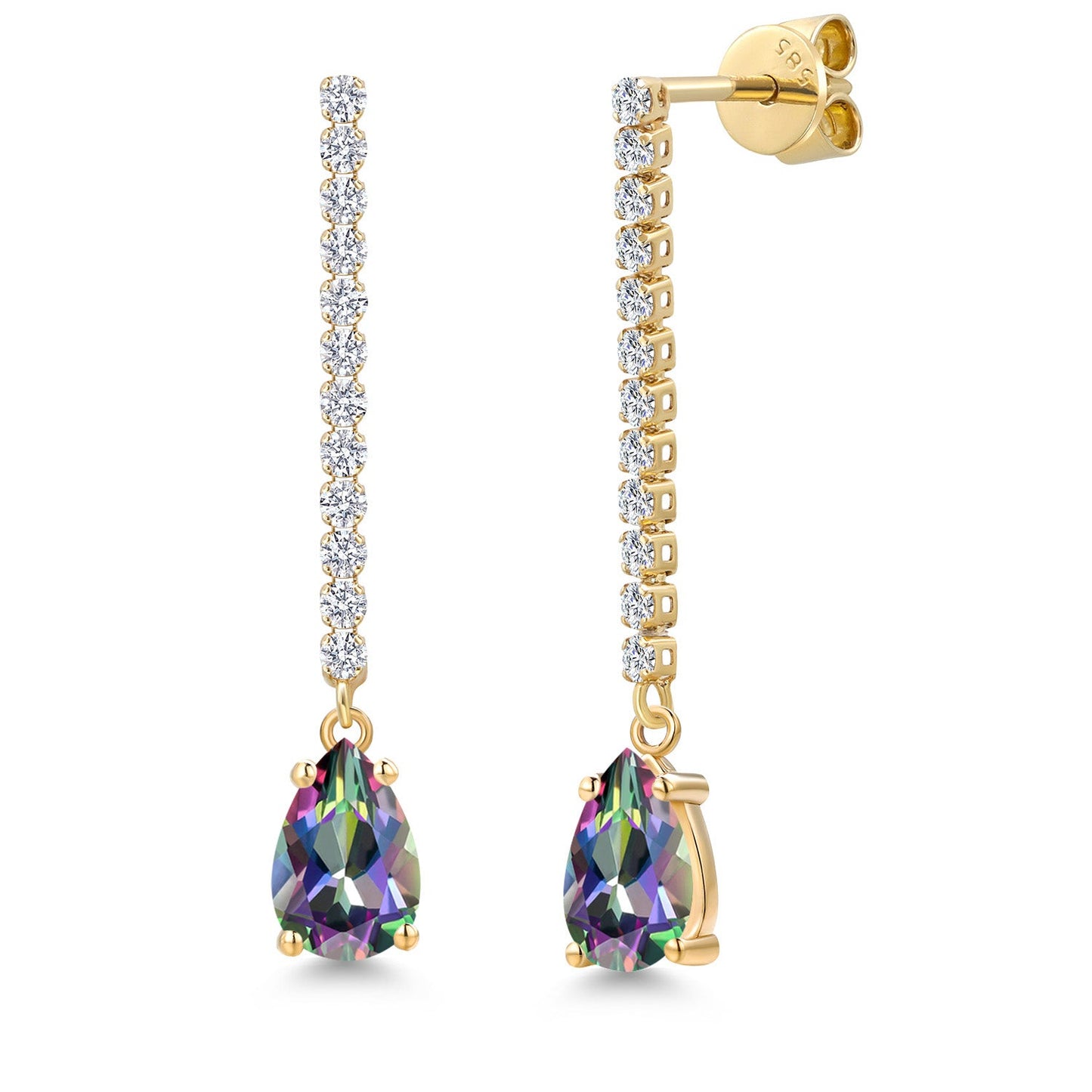 14K Yellow Gold Gemstone Birthstone and White Lab Grown Diamond Long Liner Dangle Earrings for Women | Pear Shape 8X5MM | Yellow Gold Chain Drop Earrings