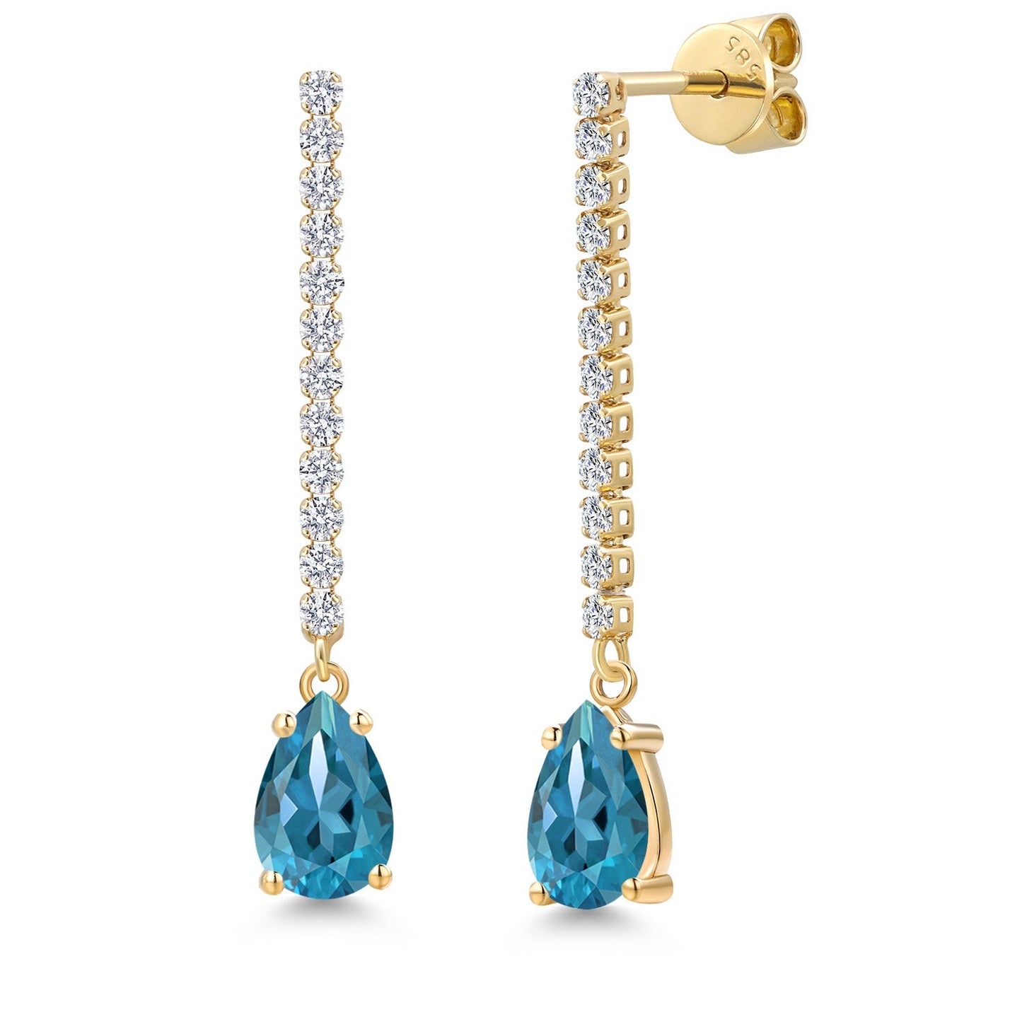 14K Yellow Gold Gemstone Birthstone and White Lab Grown Diamond Long Liner Dangle Earrings for Women | Pear Shape 8X5MM | Yellow Gold Chain Drop Earrings