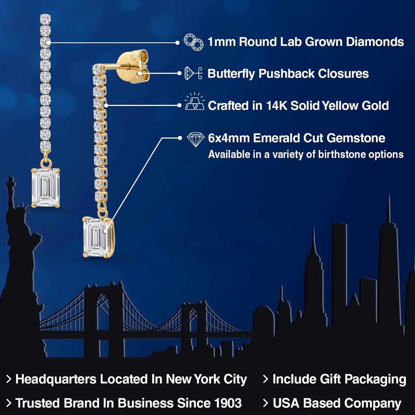 14K Yellow Gold Lab Grown Diamond Long Liner Dangle Earrings for Women | 1.66 Cttw | Emerald Cut 6X4MM | DEF Color | VVS-VS Clarity | Yellow Gold Chain Drop Earrings