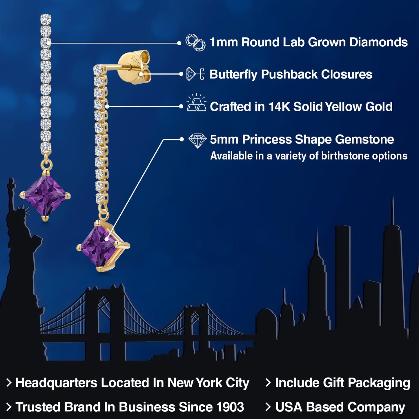 14K Yellow Gold Gemstone Birthstone and White Lab Grown Diamond Long Liner Dangle Earrings for Women | Princess 5MM | Yellow Gold Chain Drop Earrings