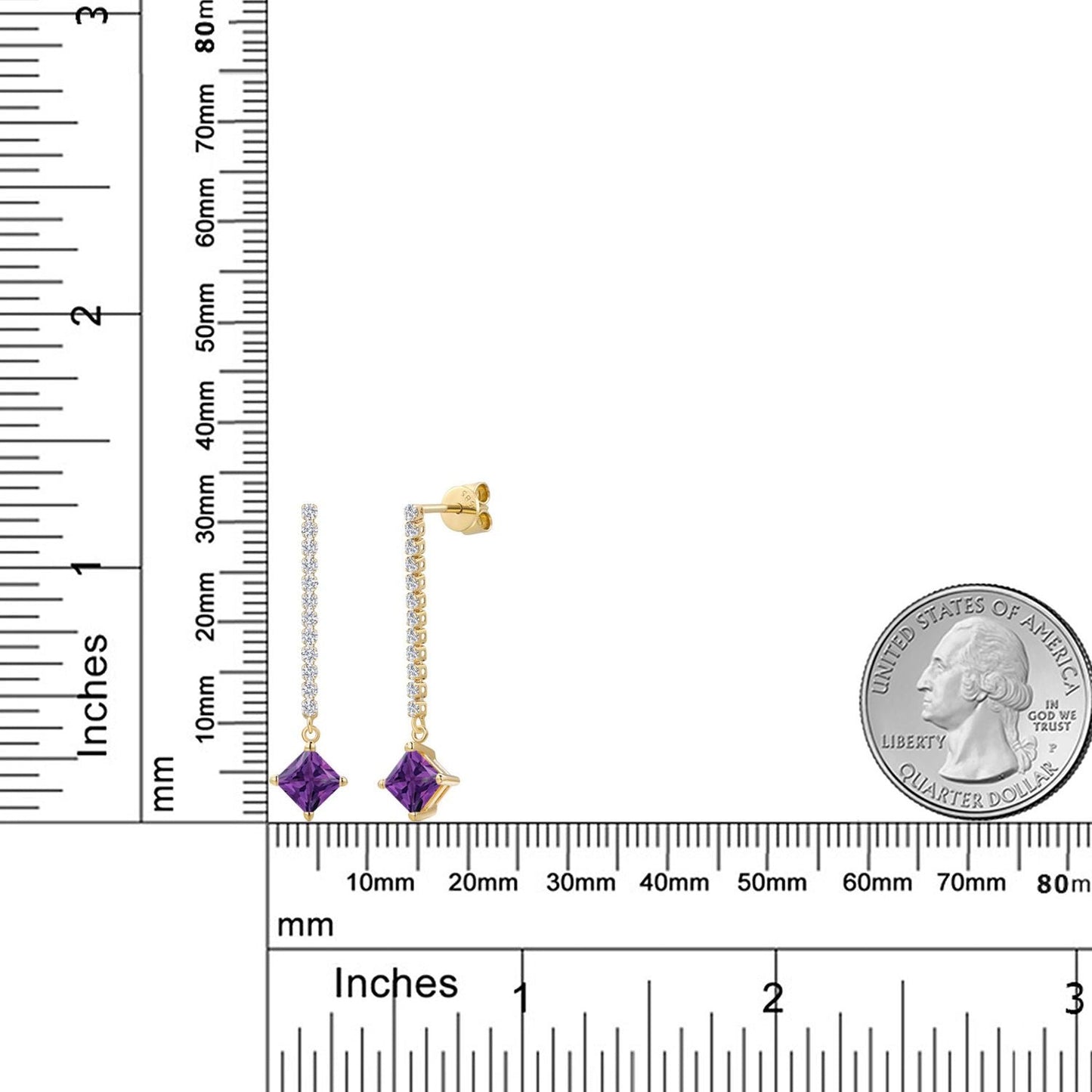 14K Yellow Gold Gemstone Birthstone and White Lab Grown Diamond Long Liner Dangle Earrings for Women | Princess 5MM | Yellow Gold Chain Drop Earrings