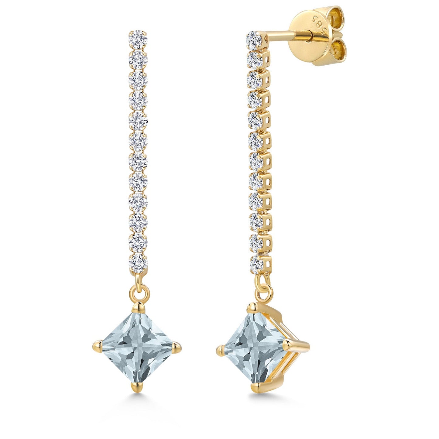 14K Yellow Gold Gemstone Birthstone and White Lab Grown Diamond Long Liner Dangle Earrings for Women | Princess 5MM | Yellow Gold Chain Drop Earrings