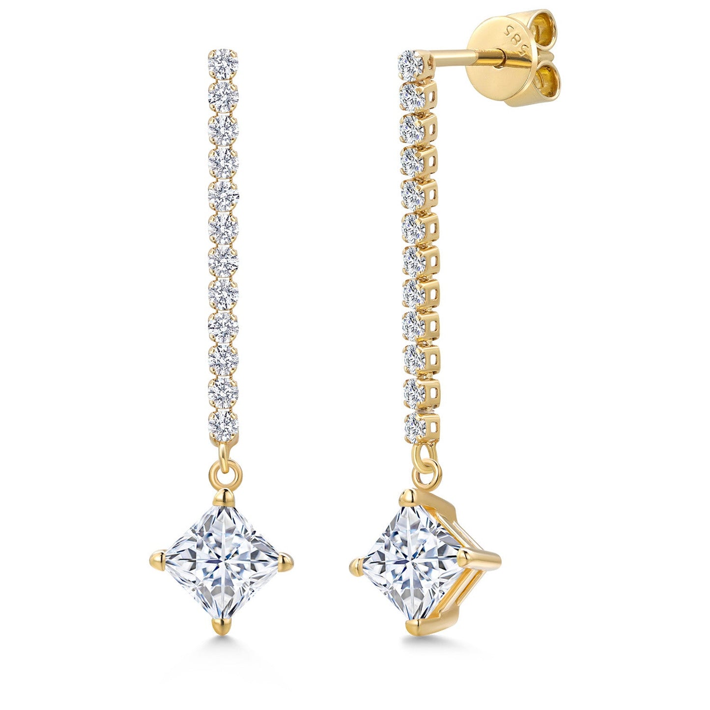 14K Yellow Gold Gemstone Birthstone and White Lab Grown Diamond Long Liner Dangle Earrings for Women | Princess 5MM | Yellow Gold Chain Drop Earrings