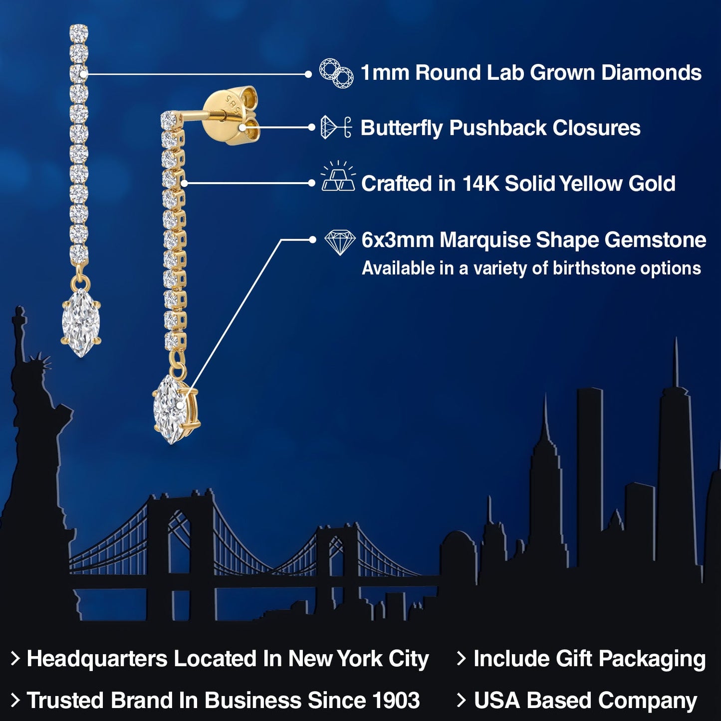 14K Yellow Gold Gemstone Birthstone and White Lab Grown Diamond Long Liner Dangle Earrings for Women | Marquise 6X3MM | Yellow Gold Chain Drop Earrings