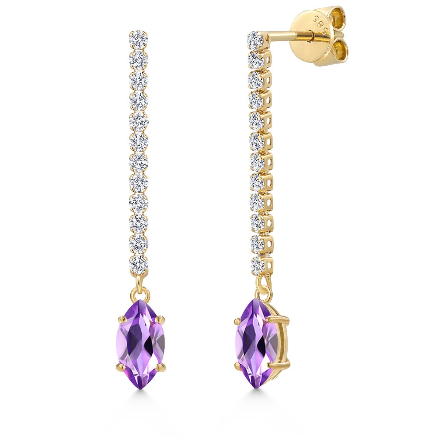 14K Yellow Gold Gemstone Birthstone and White Lab Grown Diamond Long Liner Dangle Earrings for Women | Marquise 8X4MM | Yellow Gold Chain Drop Earrings